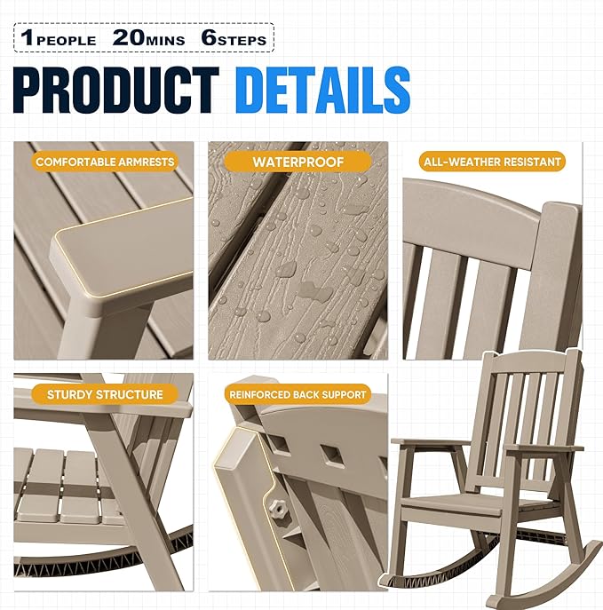 Devoko PP Material Rocking Chair Outdoor Indoor All Weather High Back Patio Rocker for Adult Heavy Duty Rocking Chair for Patio Backyard Porch Garden (Heavy Duty, Light Brown)