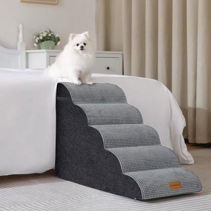Wide Dog Steps Stairs for Bed 5 Steps 62 cm High for Dogs, Dog Ramp High Density Foam Pet Stairs Washable Cover and Non-Slip Base 40 x 87 x 62 cm