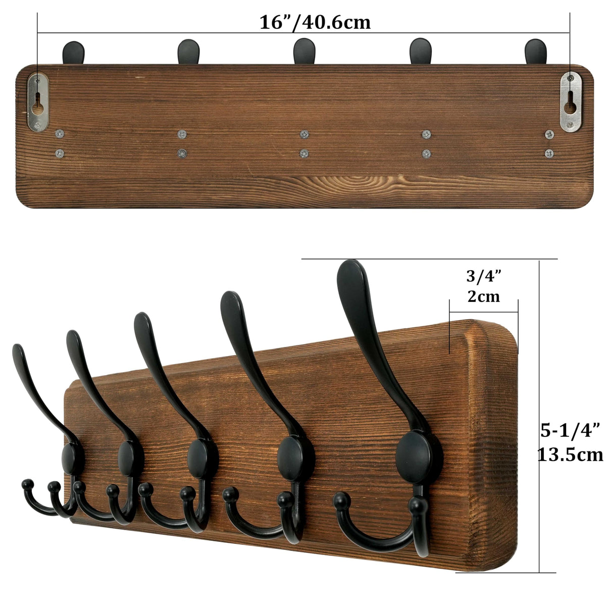 WEBI Rustic Coat Rack Wall Mount,Solid Wood Coat Hooks Wall Mounted Coat Hanger,16" Hole to Hole,Hook Rack Rail,5 Triple Hooks for Hanging Coats,Jacket,Clothes,Farmhouse,Brown
