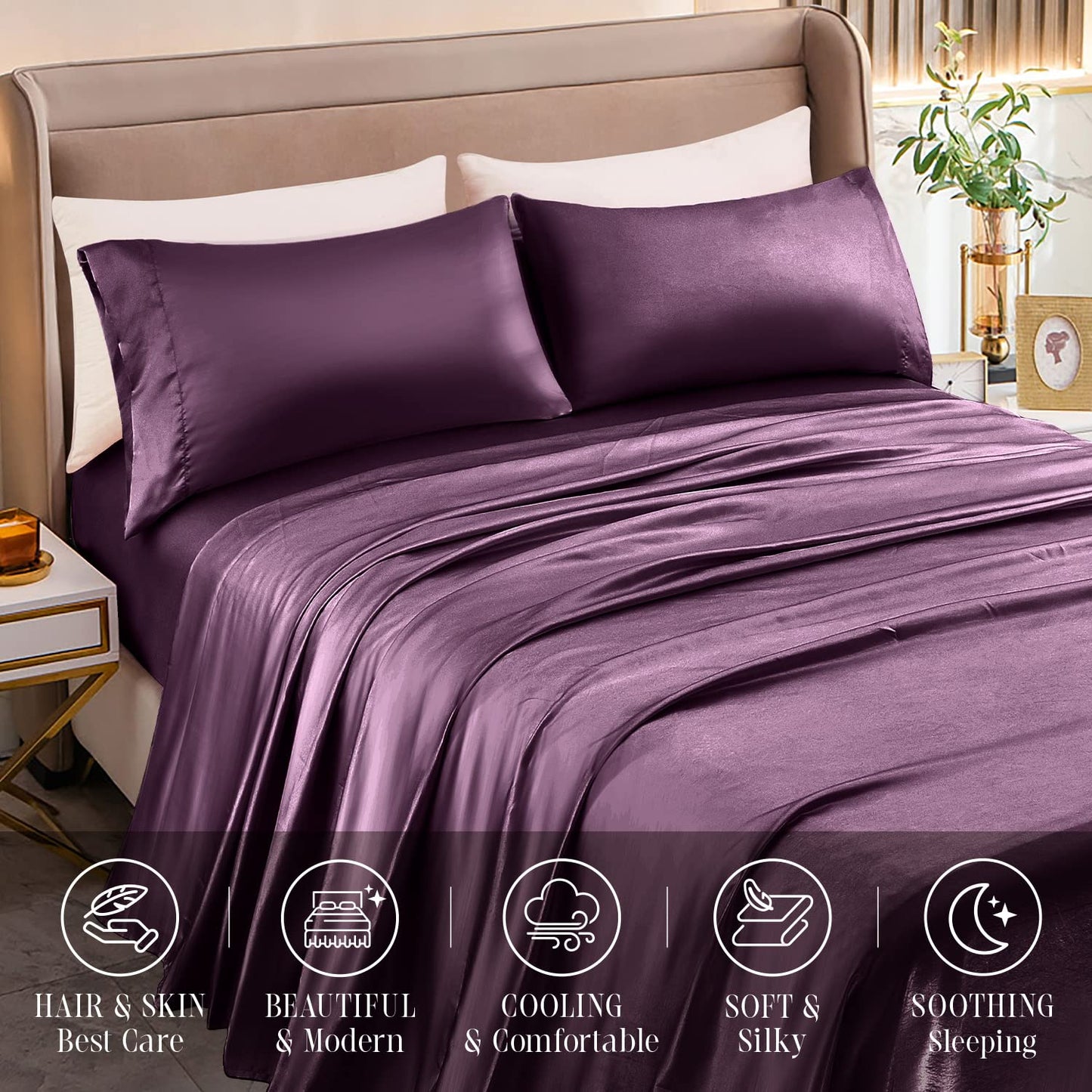 Elegant Comfort Luxurious 4-Piece Silky Satin Sheet Set, Skin and Hair Friendly, Wrinkle, Fade, Stain Resistant with Deep Pockets Fitted Sheet, Cooling Soft Satin Sheet Set, Twin XL, Purple