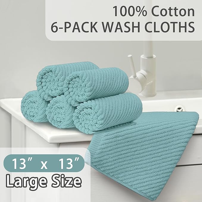 Wash Cloths for Your Face, 6 Pack Large 13"x13"