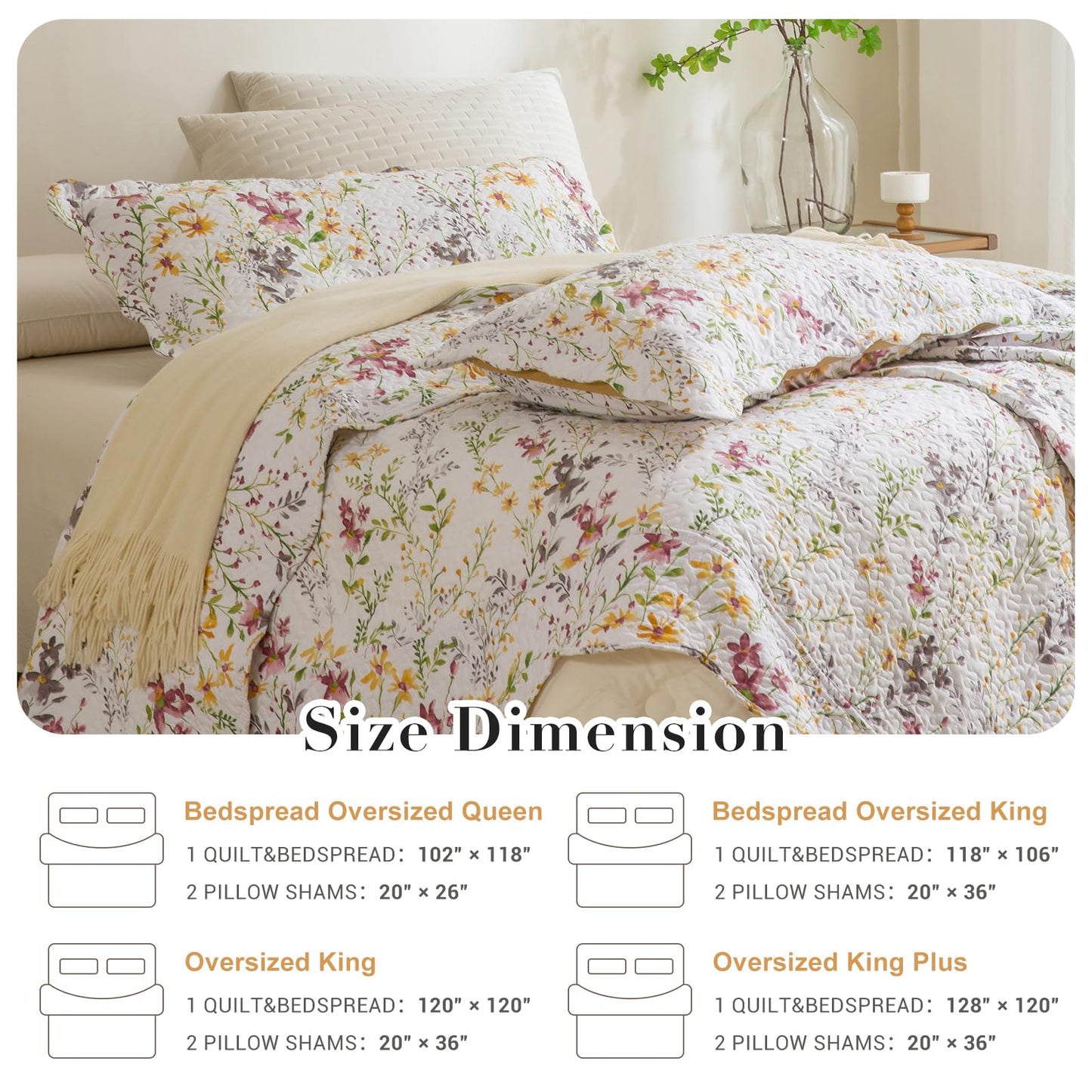 Masaca Oversized King Bedspread 128"x120",Yellow Wild Flower Botanical Printed Pattern Floral Oversized King Quilt Set Lightweight Scallop Extra Large California King Size Quilt Bedding Coverlet Set