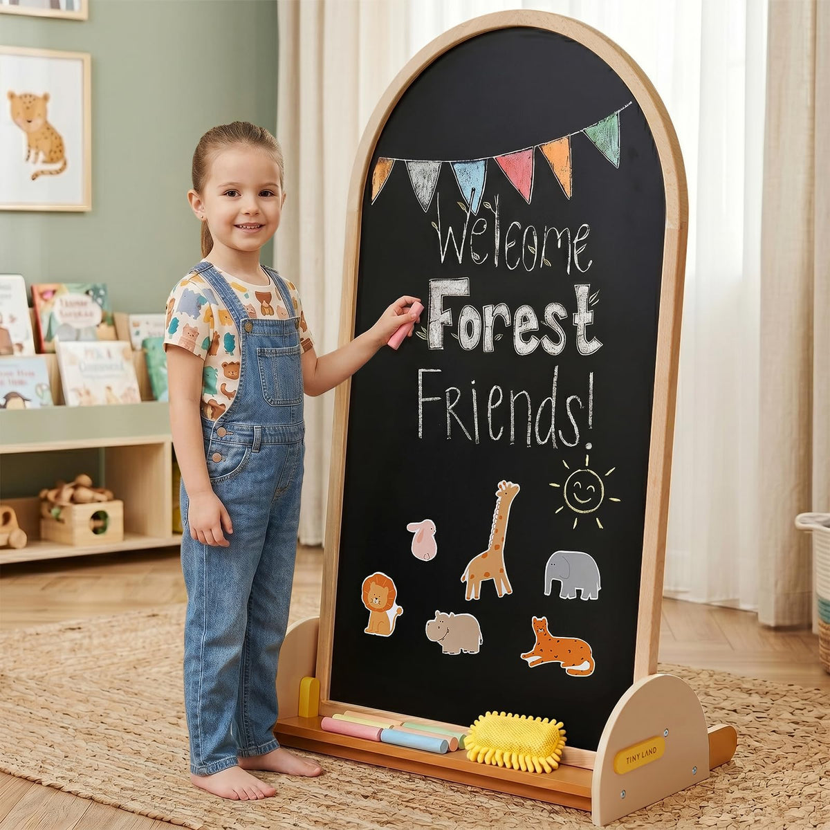 Tiny Land Kids Easel – Large 22"x40.5" Writing Area Double-Sided Magnetic Chalkboard & Whiteboard, Wooden Arch Drawing Board with Stand, Toddler Art Easel with Letters & Animal Magnets