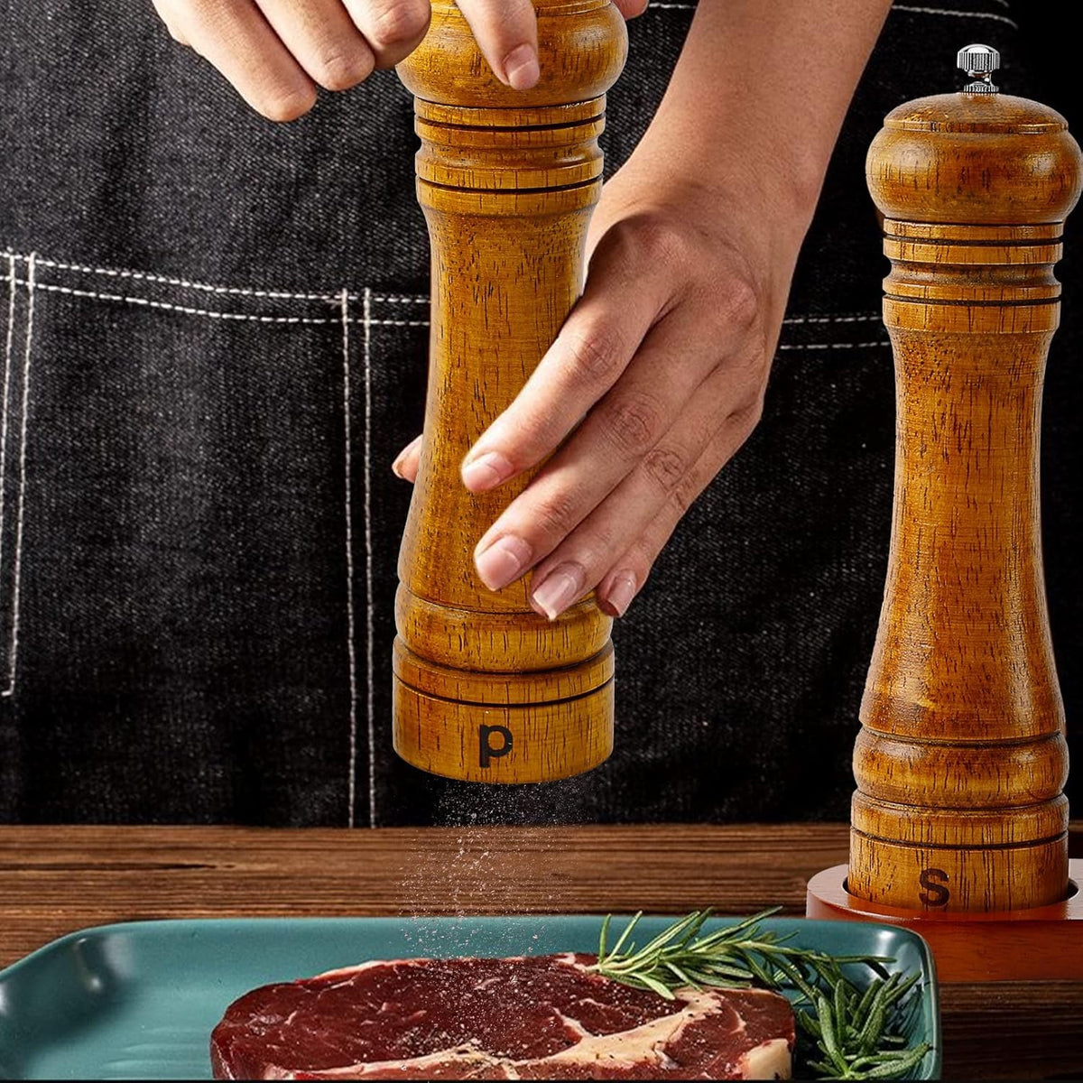 BIVIPO Salt and Pepper Grinder Set, 8 Inch Oak Wood Mills, Adjustable Coarseness, Manual Twist, 2-Pack with Tray, Wood Pepper Grinder And Salt Mill,Easy to clean