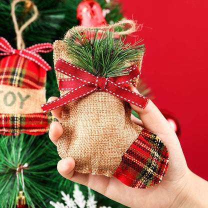 WILLBOND 16 Pcs Rustic Burlap Christmas Tree Ornaments Bulk Farmhouse Country Christmas Decorations Red Buffalo Plaid Stocking Hanging Ornaments for Xmas Holiday Family Office Party Gifts Decor
