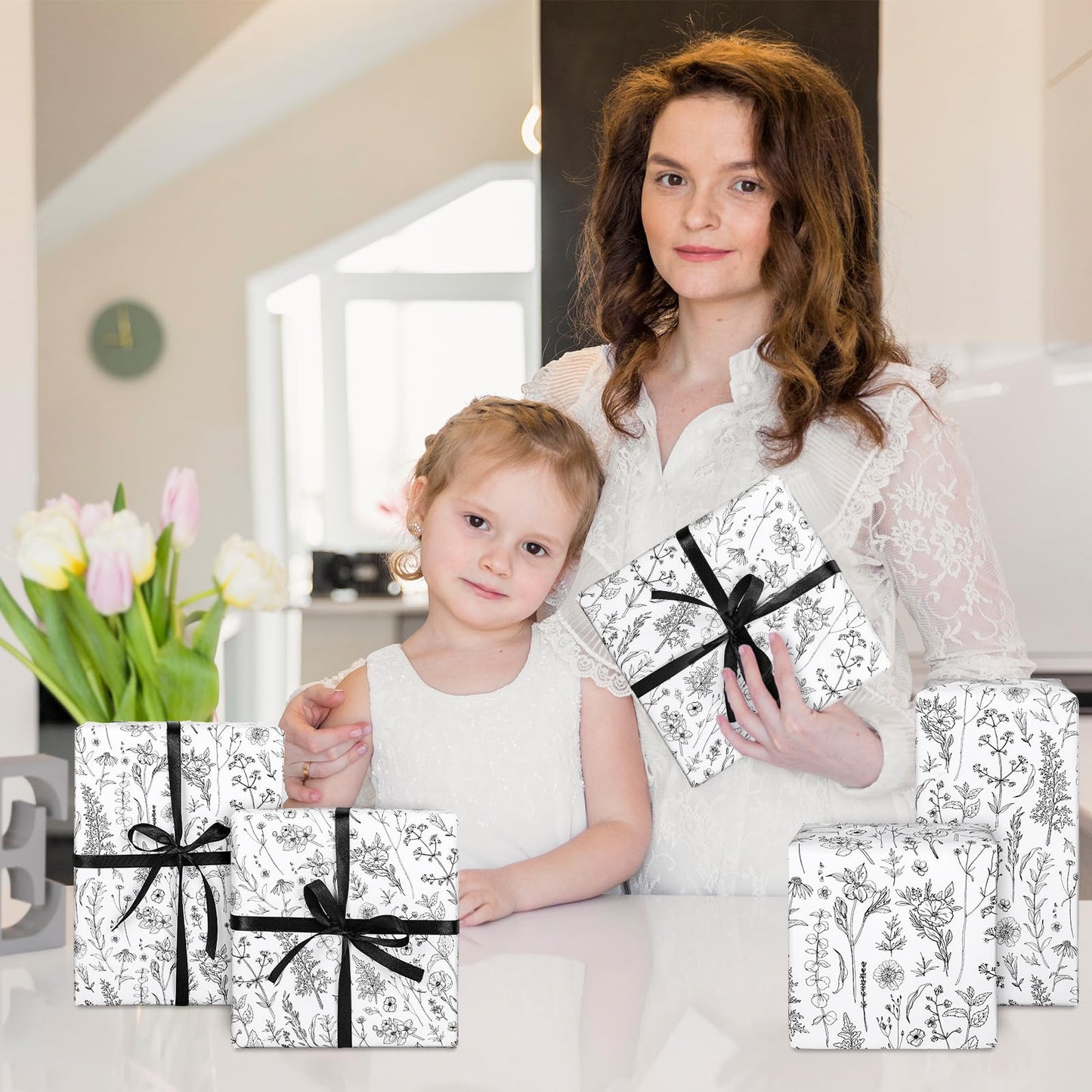 FYSUIMU Vintage Wildflower Wrapping Paper Mini Roll 17 In x 32.8 Ft Spring Black White Floral Gift Wrap Botanical Flower DIY Art Crafts Paper for Wedding Baby Shower Birthday Holiday Party
