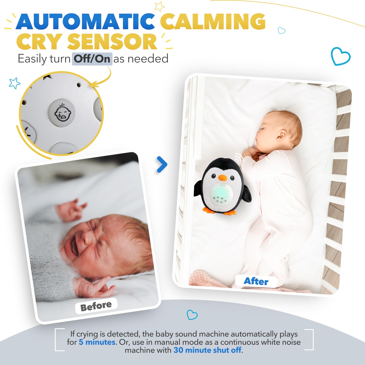 Bubzi Co Sound Machine, Portable Penguin Soother & Night Light Projector, Comforting Electronic Infant Toddler Sleep Aid With White Noise