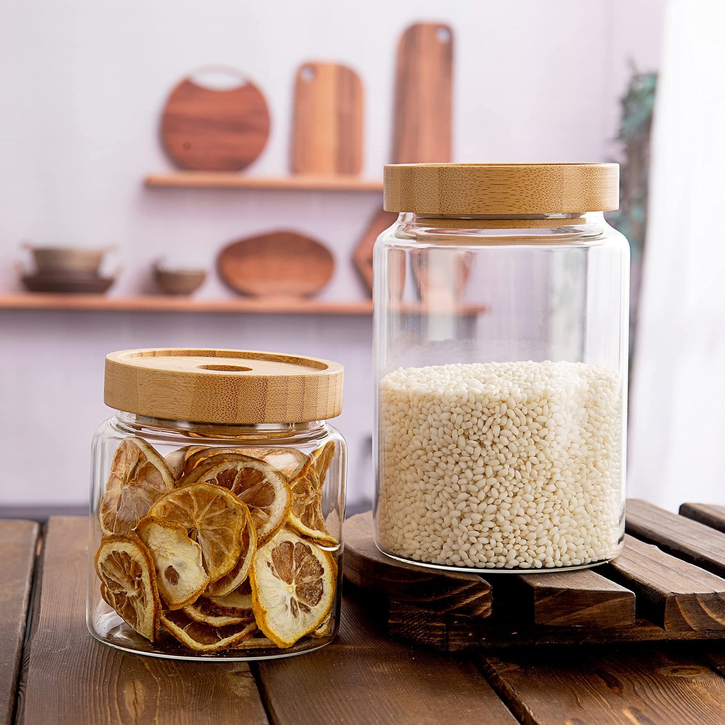 MOLADRI 900ML/30Oz Clear Cute Glass Storage Canister Holder with Airtight Bamboo Lid, Modern Decorative Medium Container Jar for Coffee, Spice, Candy, Salt, Cookie, Condiment, Pepper, Sugar