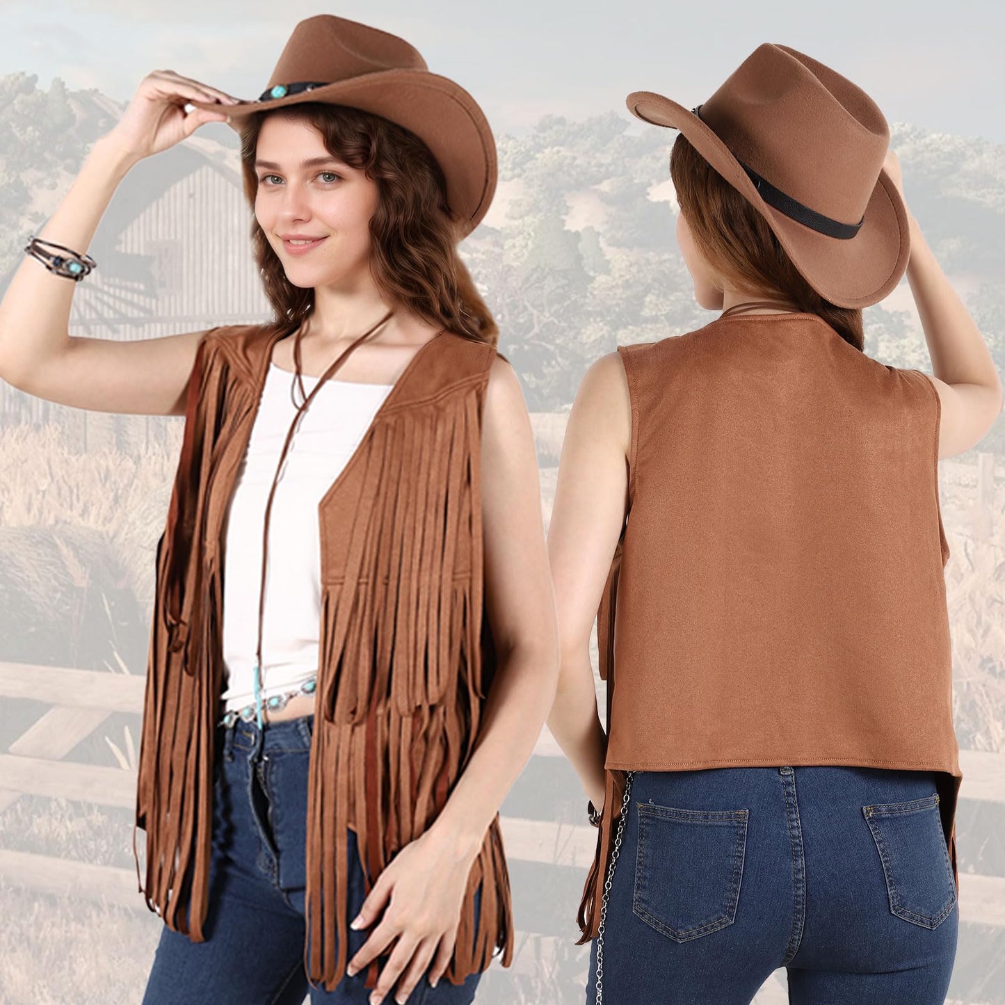 PARTTELY Western Outfits for Women Cowgirl Outfits Cowgirl Vest Boho Cowboy Hat Fringe Vest for Halloween Cosplay