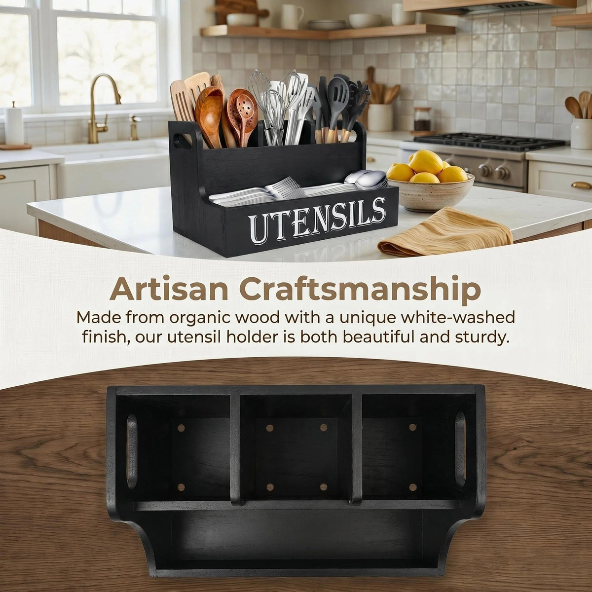 SHAXIXI Wooden Utensil Holder Kitchen, Country Style Cutlery Holder With Drainage Holes In The Bottom (Black)