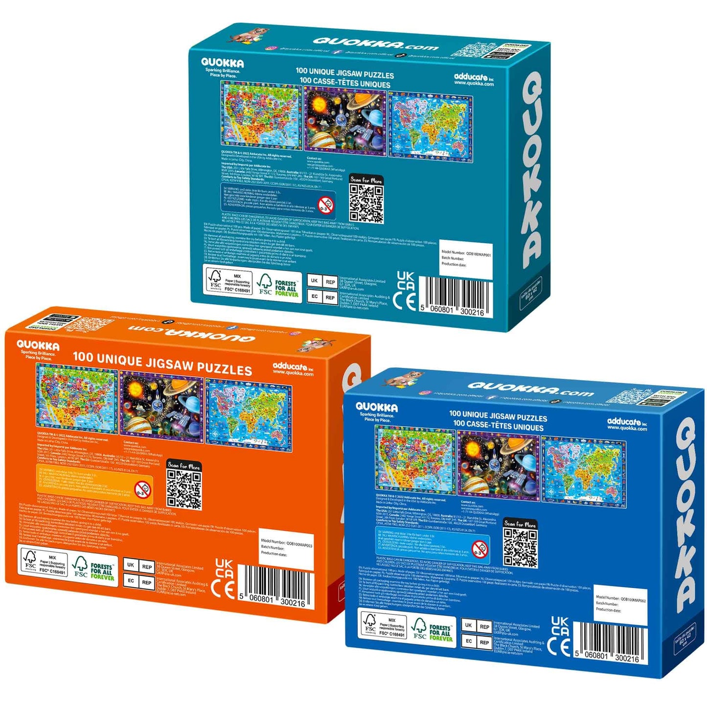 QUOKKA Puzzles for Kids Ages 4-6 - 3 Set 100 Piece Puzzles for Toddlers 3-5 - Learning Map of The United States World Space Puzzle - Educational Games for Kids 6-8 - Toys for 3 Year Old Boys and Girls