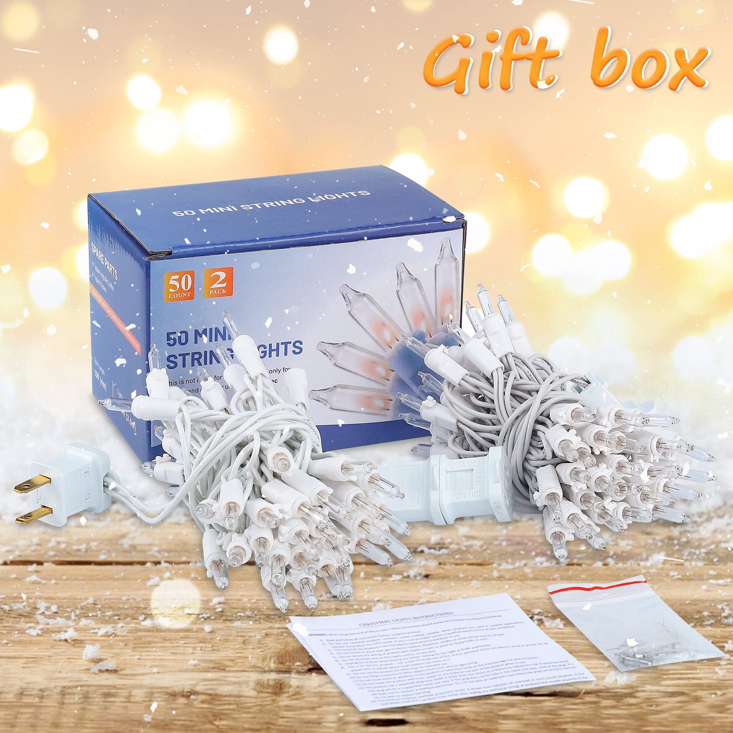 Hopolon Clear Christmas Lights Set,2Pack 50Count 13Feet Incandescent Bulb Mini String Lights with White Wire for Indoor Christmas Tree Garland Birthday Wedding Party Festival Decoration,Warm White