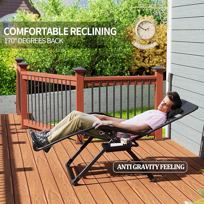 UDPATIO Oversized Zero Gravity Chair, 33In XXL Patio Reclining Chair with Cushion, Outdoor Folding Recliner with Pillows|Cup Holder|Foot Rest|Padded Headrest, Brown Grey, Support 500LB