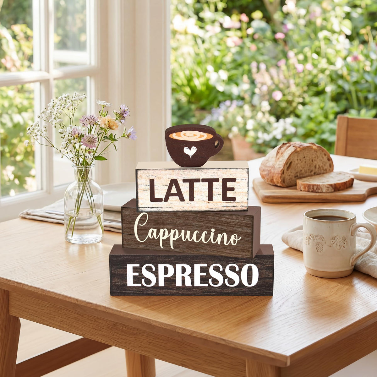 4 Pcs Coffee Farmhouse Wooden Table Decor, Coffee Rustic Tabletop Centerpiece Decorations for Bar Home Office Shelf Kitchen