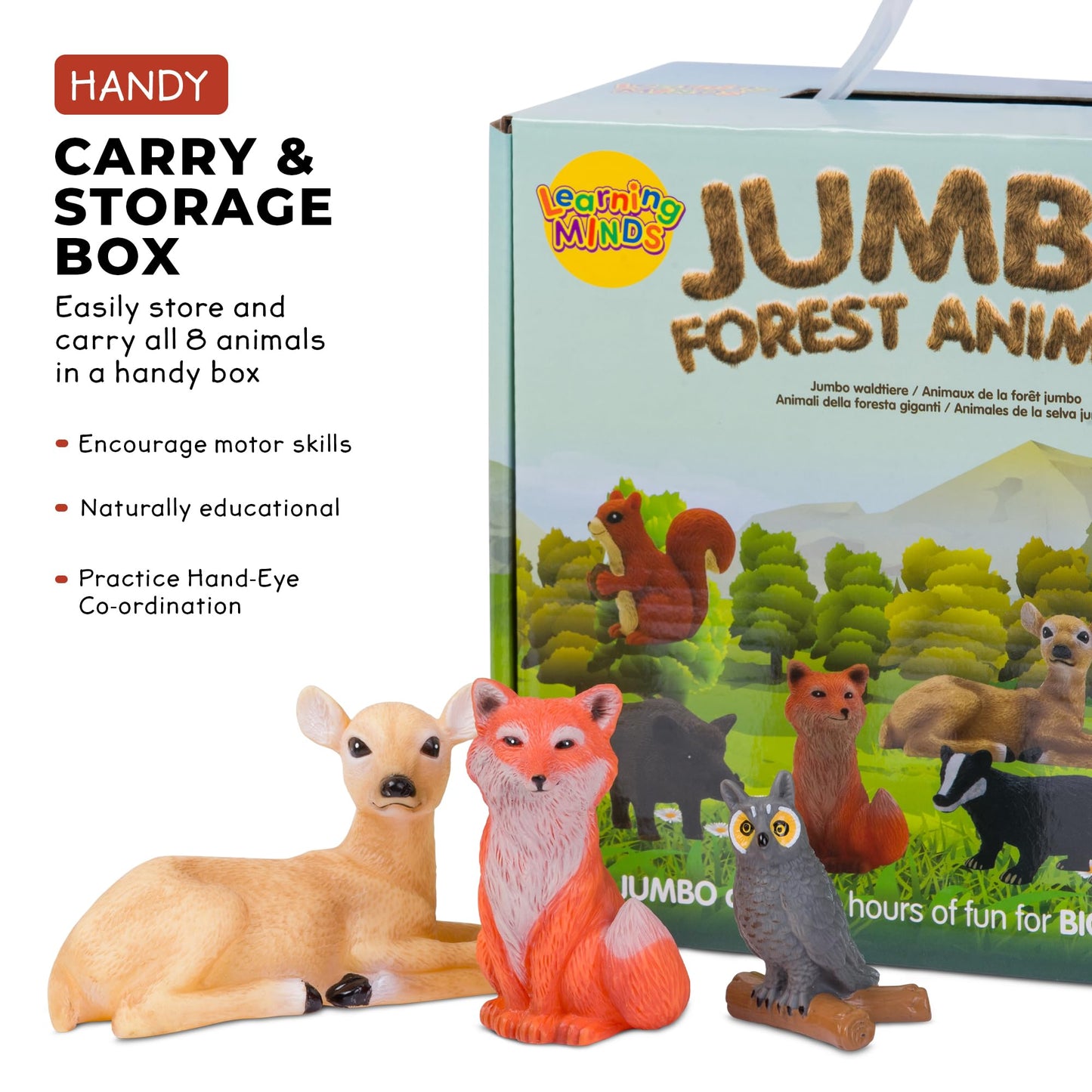 Learning Minds Set of 8 Jumbo Forest Animal Figures - Woodland Animals For 1,2,3 Year Olds - Toy Animals For Kids Age 18 Months Plus - Toys For 1 Year Old Boys