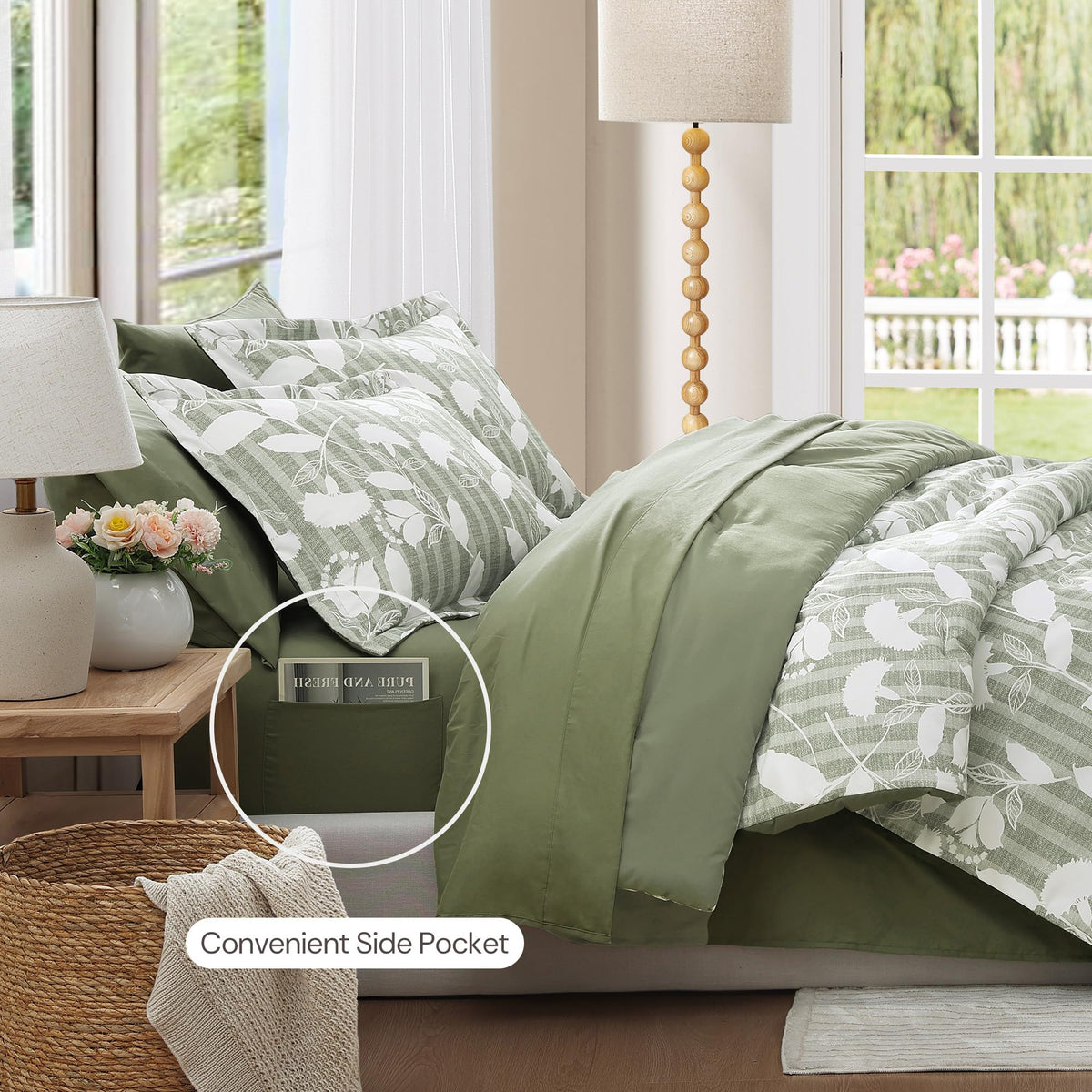 BLOOMHAVEN Queen Comforter Set -7 Pieces Sage Green Floral Comforter Set for All Seasons, Bed in a Bag Queen with Botanical Flowers Comforter, Sheets, Pillowcases & Shams