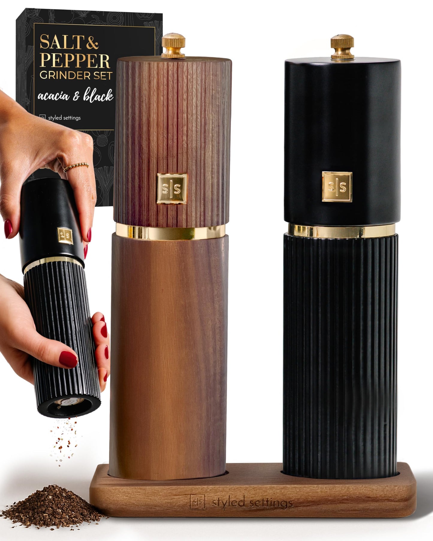 Wooden Salt and Pepper Grinder Set – Refillable Manual Salt and Pepper Mills with Adjustable Ceramic Burrs, Gold Detailing, and Wood Stand – Black and Dark Wood