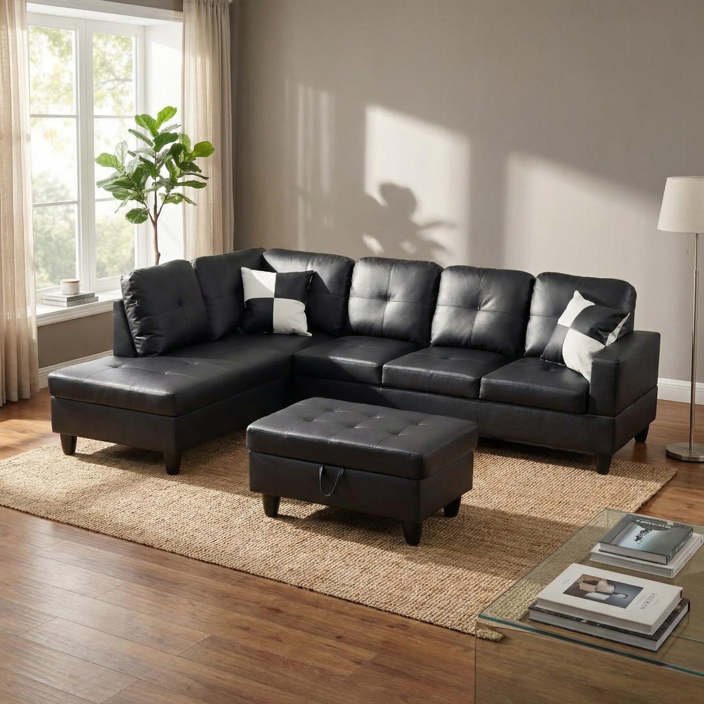 Trygoal 103.5" Sectional Couches for Living Room, Leather 4 Seat L Shaped Couch with Chaise, 3-Piece Modular Sofa with Storage Ottoman, Home Furniture Sets for Apartment Office, White and Black