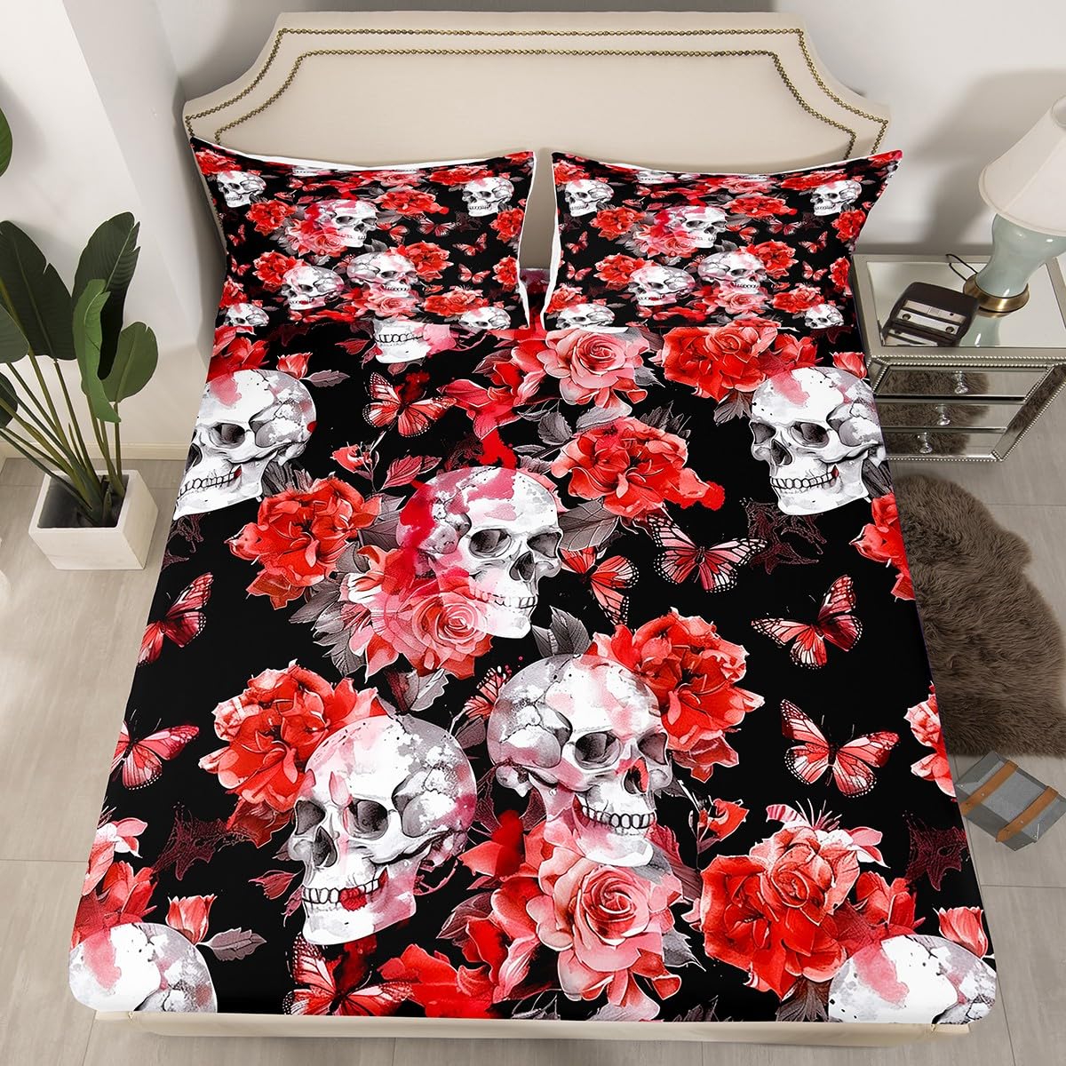 jejeloiu Kids Halloween Decor Bed Sheets Set Twin Size Gothic Skull Bed Set for Kids Boys Girls Rose Blossoms Print Deep Pocket Fitted Sheet Spooky Halloween Decorations Breathable Soft