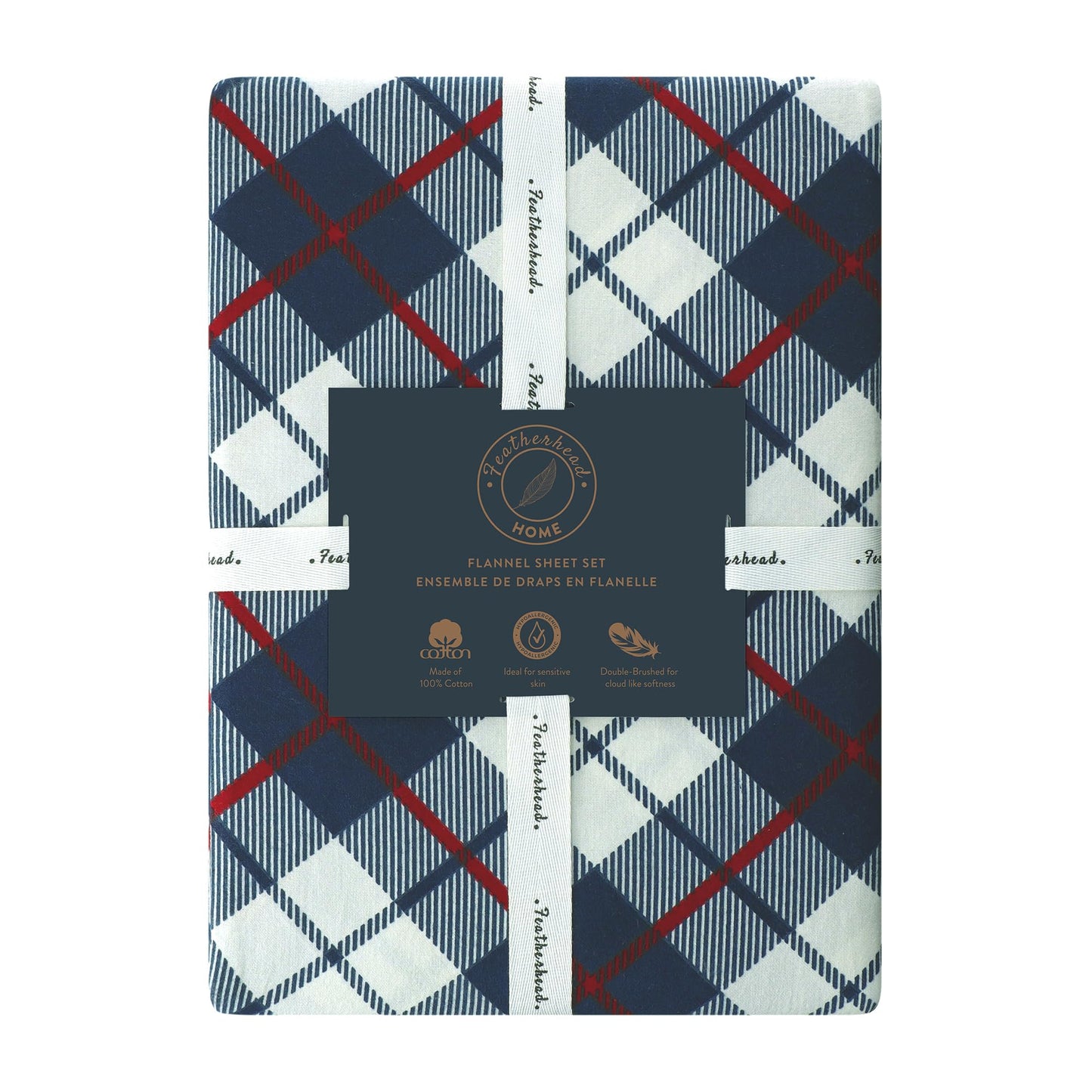 Featherhead™ 100% Cotton 4PCs Flannel Sheet Set, Full Size, Tartan Plaid | Double-Brushed for Extra Softness, Warm & Breathable, Extra Deep Pockets fits Up to 17” – 1 Flat, 1 Fitted, 2 Pillowcase
