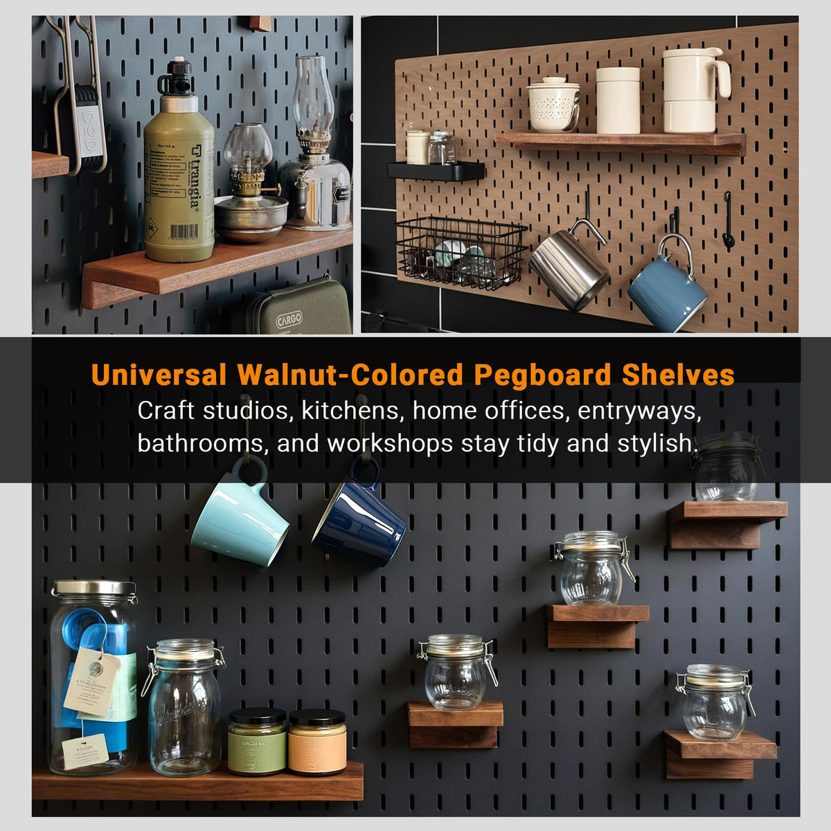 SEMPOMA Pegboard Shelf Set Compatible with IKEA Skadis Pegboard - Walnut Finish Wood Shelves, 4-Pack No Assembly Pegboard Wall Organizers