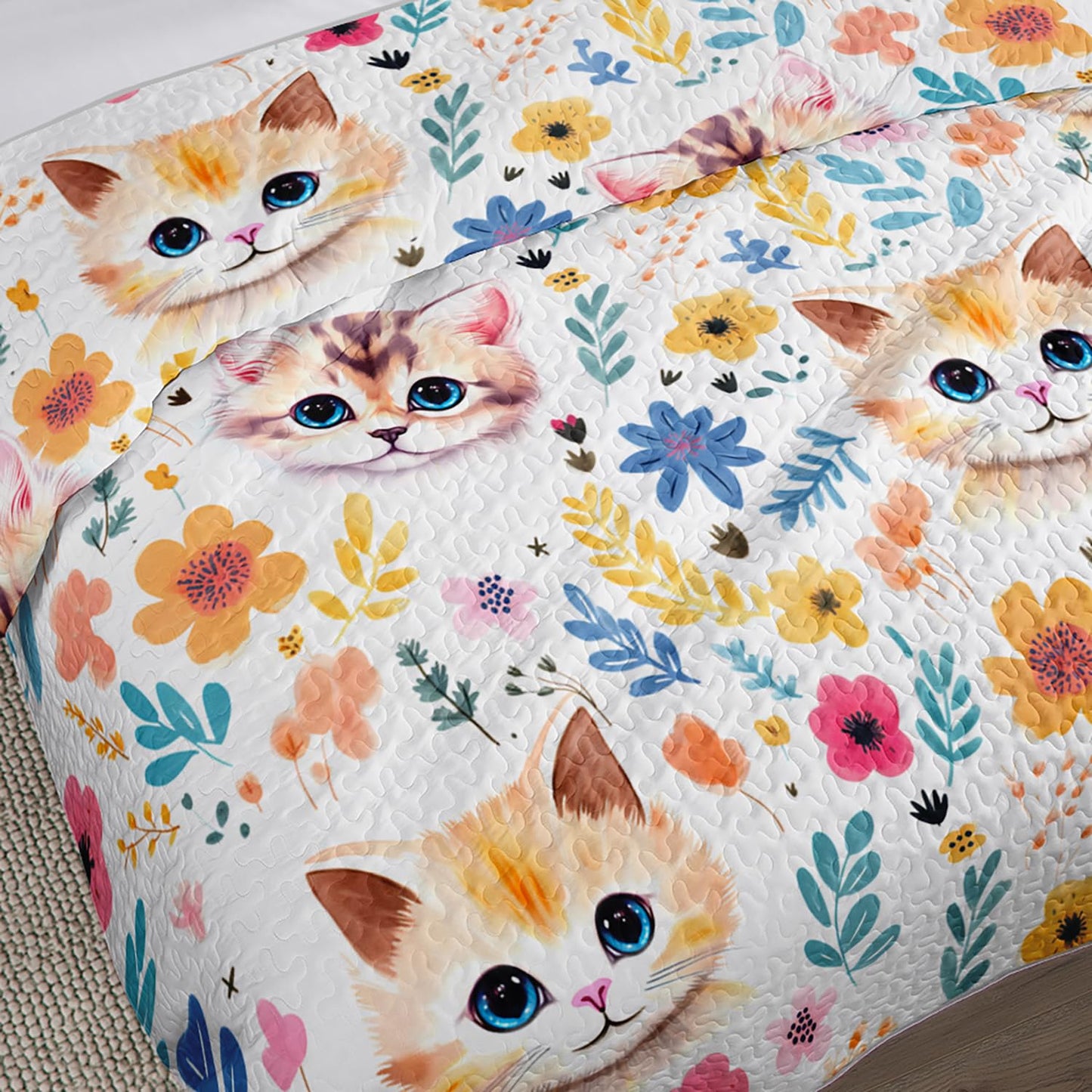UEVBF Kawaii Cat Quilt Set,Orange Cat Flowers Pattern Bed Set for Toddler Kids Girls Room Decor,Cute Bedding Queen Quilted Sets with 2 Pillowcases.