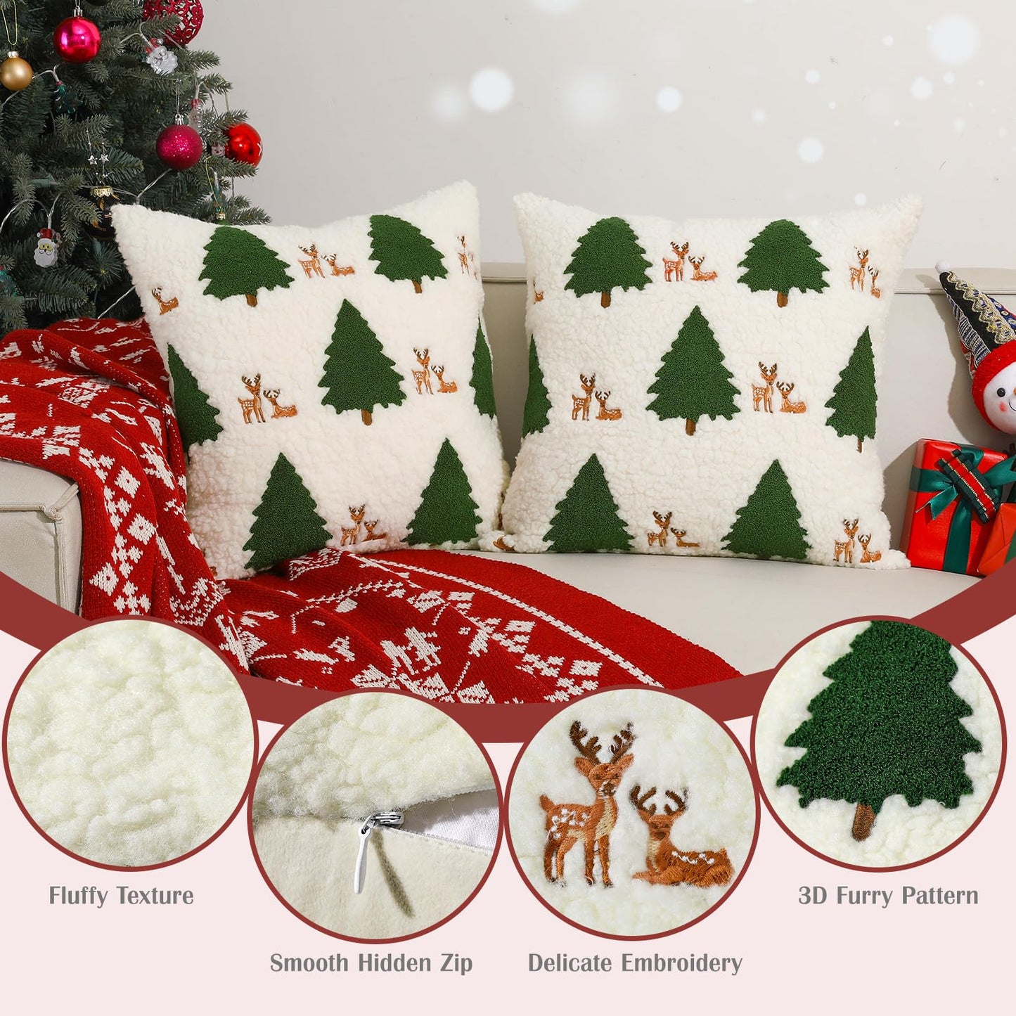 Lewondr Christmas Pillow Covers 18x18 inch, 2 Pack Christmas Throw Pillow Covers with Reindeer Embroidery, Soft Velvet Xmas Tree Pillows Cover for Living Room Couch Sofa Bed Home Decoration, Beige