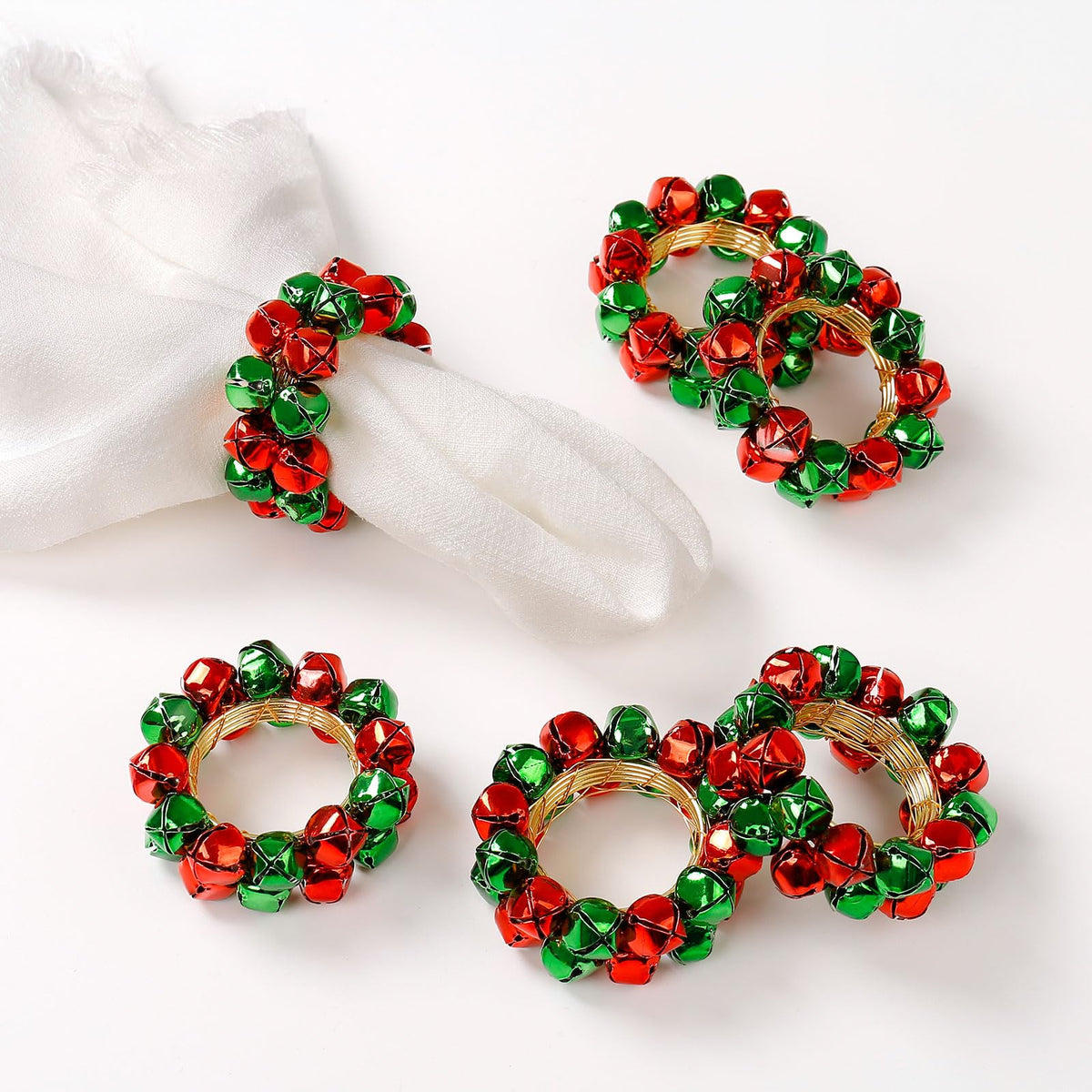 Getfitsoo Christmas Napkin Rings Set of 8, Bells Napkin Rings with Green and Red Bell Gold Buckles for Table Decor, Weddings, Parties