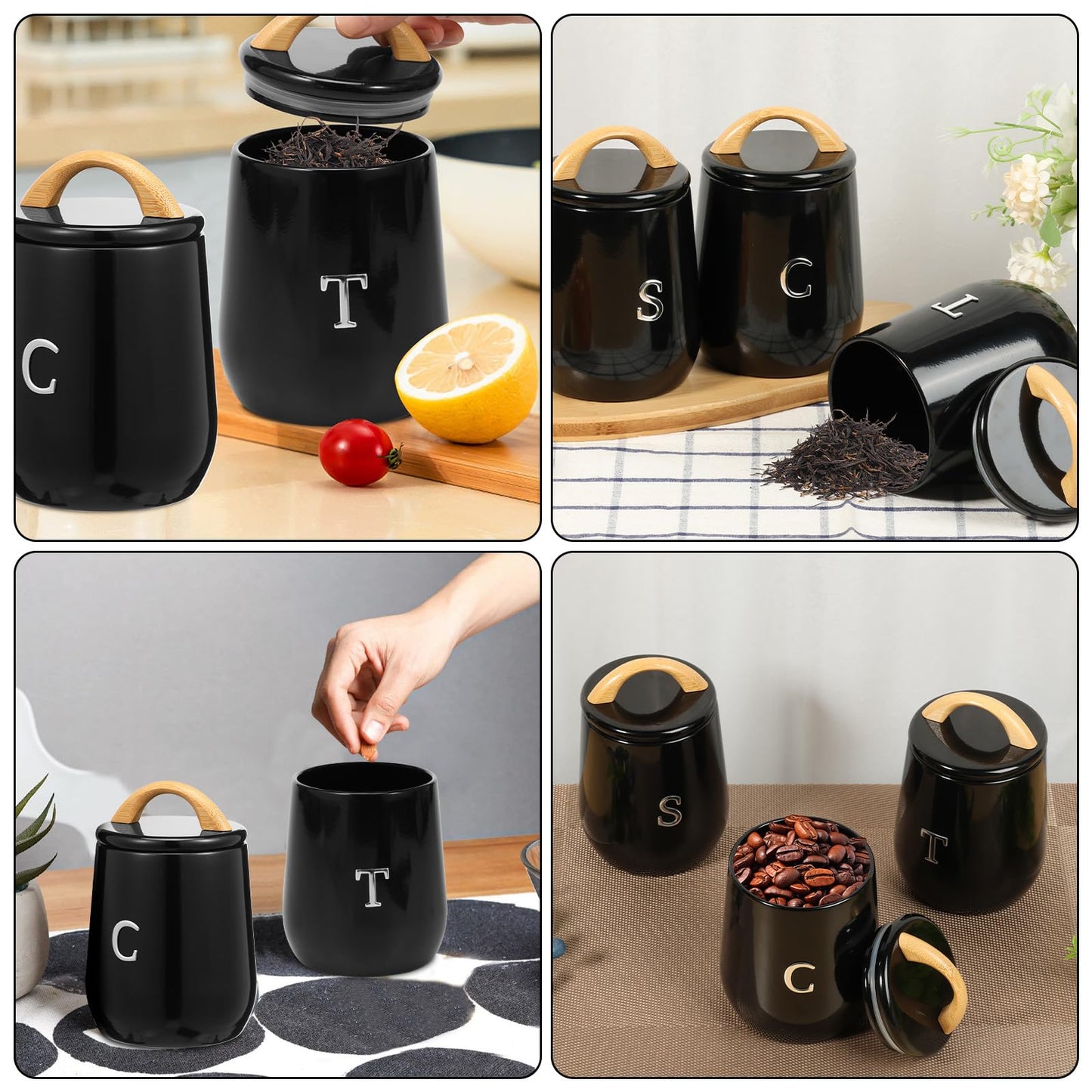 3Pcs Canisters Sets for Kitchen Countertop - Sugar and Coffee Container Set, Metal Moisture Proof Sealed Jar with Label, Kitchen Canisters for Coffee Beans, Tea, Sugar, Salt, Flour, Spices (Black)