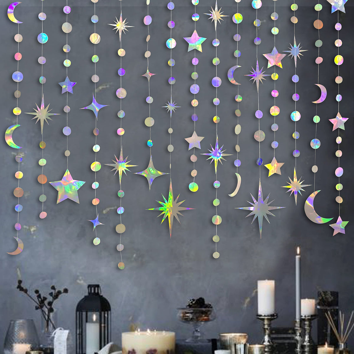 Iridescent Star Moon Circle Dot Garland Party Decoration Kit Hanging Crescent and Twinkle Little Star Streamer Bunting Banner for Kids First Birthday Ramadan EID Mubarak Baby Shower Wedding Decor