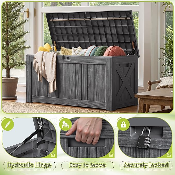 Devoko 125 Gallon Outdoor Storage Box, Waterproof Resin Deck Box for Patio Furniture, Lockable Container for Garden Cushions & Pool Supplies (Gray, 125 Gallon)