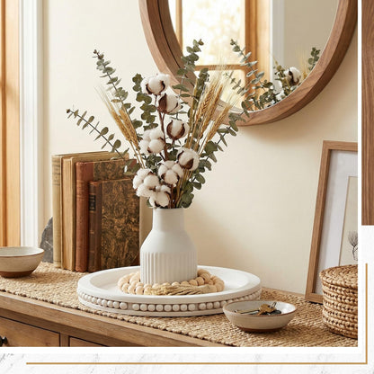 Tiangrid 3 Pieces Rustic Country Style Tabletop Centerpieces, Bohemian Style Ceramic Vase with Wooden Tray, Wooden Bead Garland, Tassel Table Stand for Home Decoration