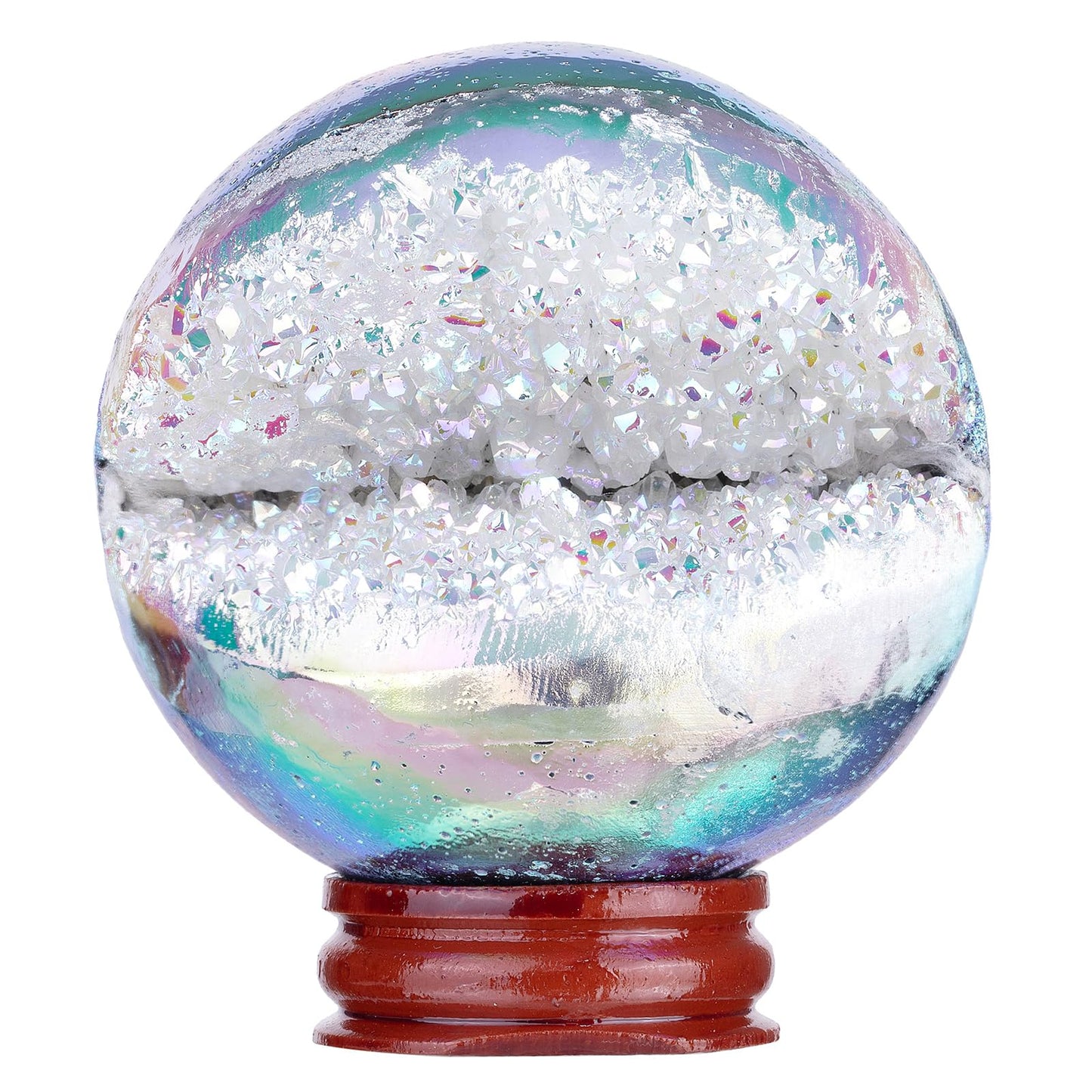 dssmboom White AB Titanium Coated Geode Stone Sphere with Wooden Stand for Home Decor, Rock Quartz Crystal Ball for Fengshui, Divination, Meditation, 61mm-70mm