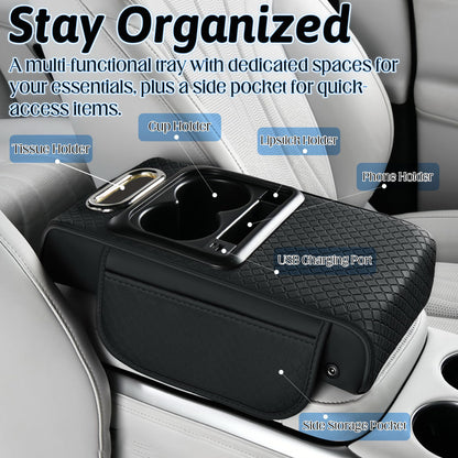 GioXtra Car Armrest Box Mat - Multi-Functional Black Leather Center Console Cover Waterproof Height Enhancement Cushion with Storage Box Cup Tissue Phone Holder Card Pocket for Car Interior Accessory