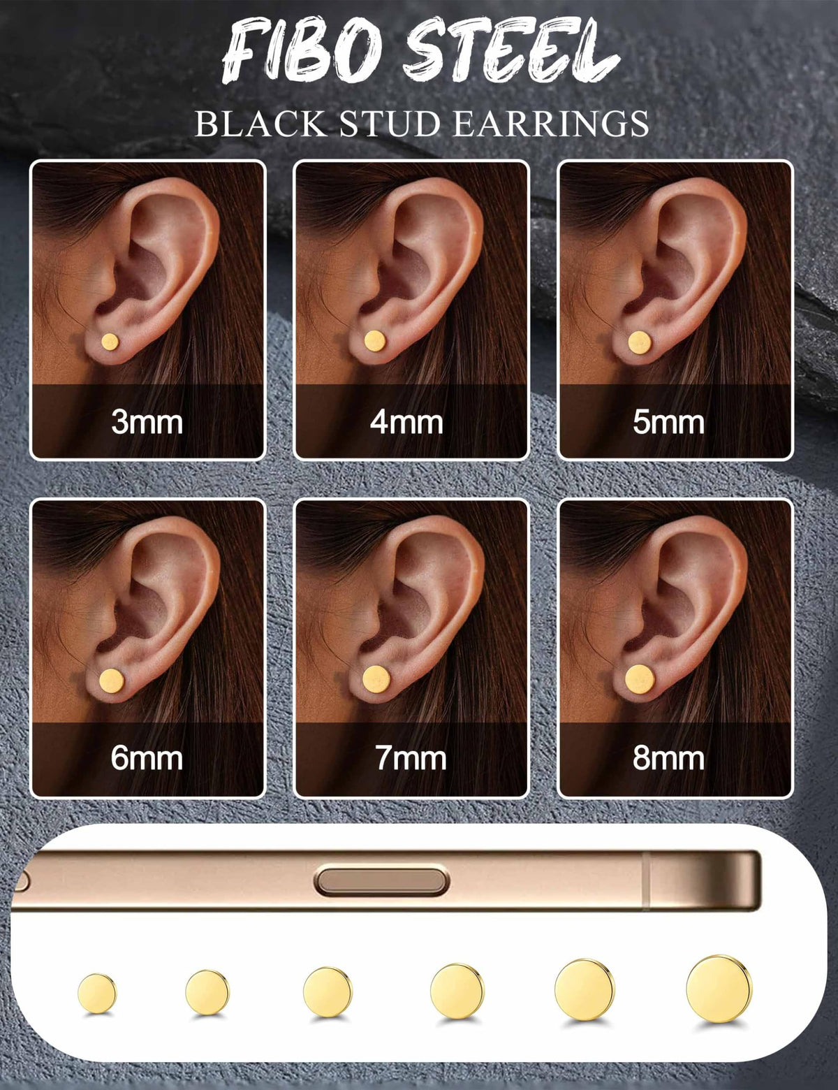 FIBO STEEL 6 Pairs Stainless Steel Black Stud Earrings for Men Women Faux Gauges Ear Tunnel Fake Gauge Earrings 3-8mm Gold