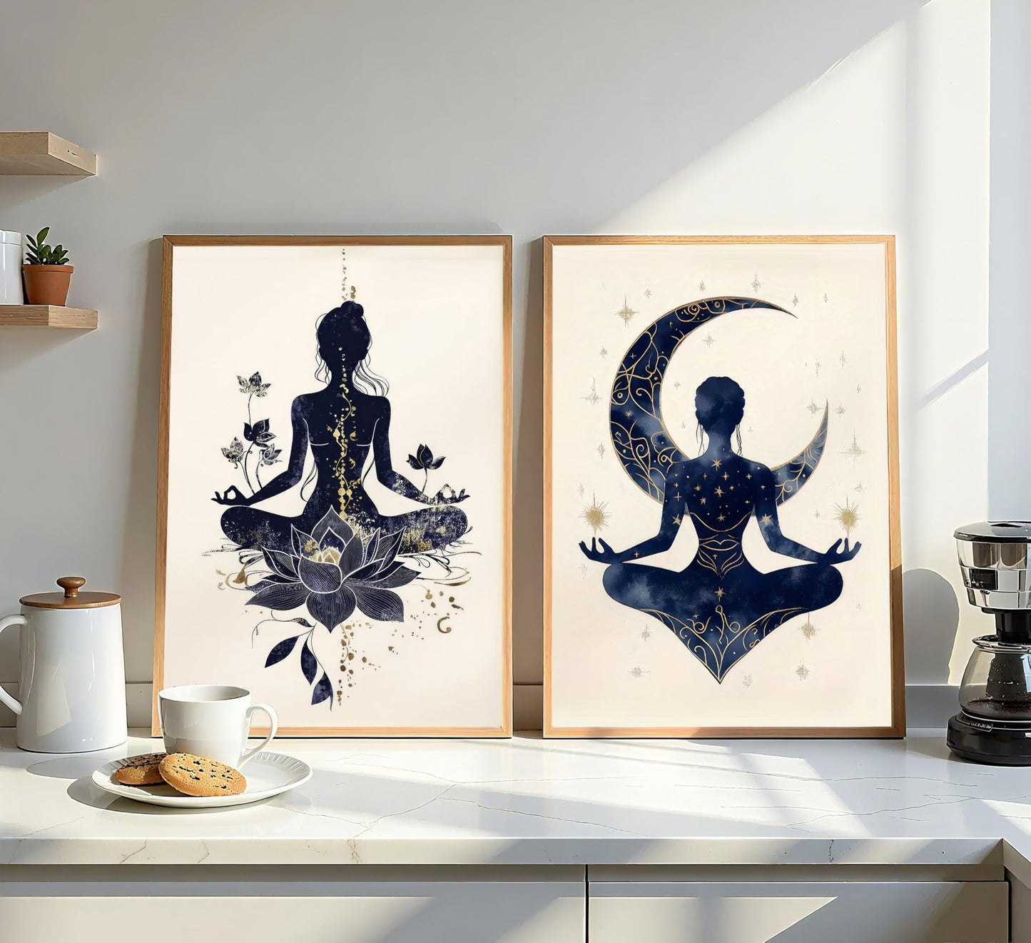 QGJQCFY 2Pcs Celestial Yoga Lotus Moon Canvas Wall Art