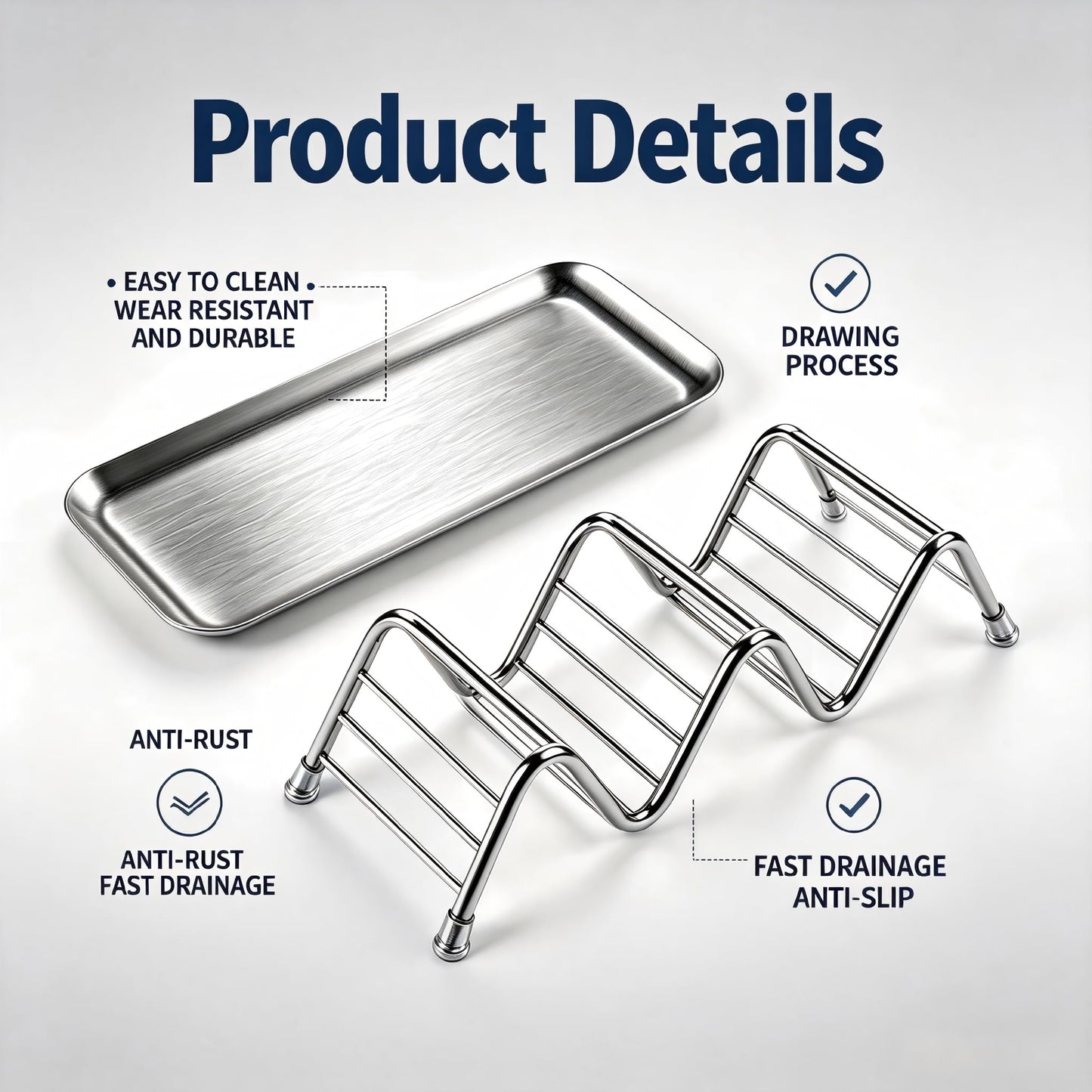 UVULAS Wavy Soap Dish, 304 Stainless Steel Soap Holder with Full 304 Stainless Steel Removable Drip Tray, Self Draining Rustproof Quick Dry Bar Soap Holder for Shower Bathroom Kitchen, 1 Pack