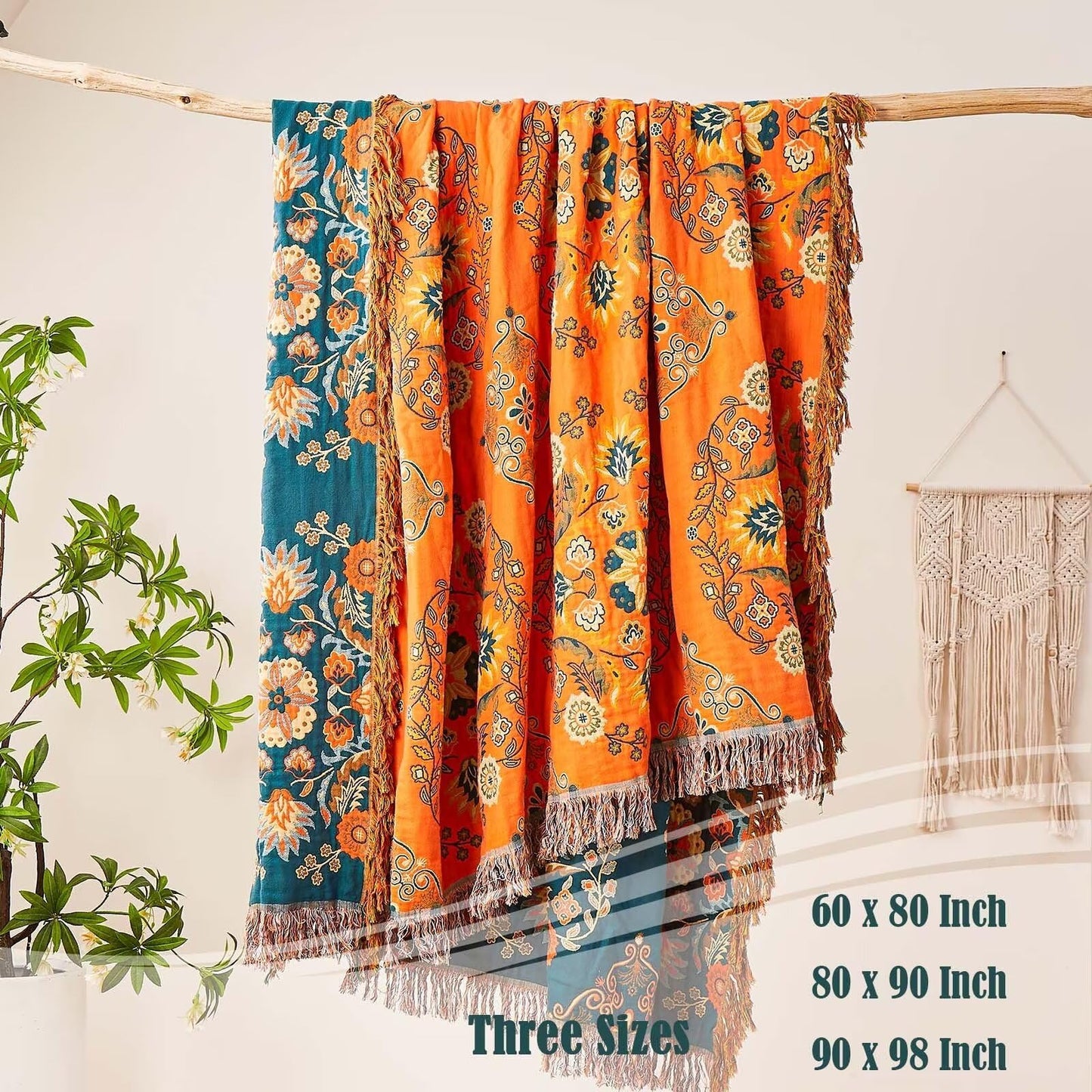 XIBLC Boho Throw Blanket, 100% Cotton Ultra Soft Luxury Throw Rustic Quilt, 60"x80" Floral Printed Farmhouse Decor Bed Summer Blankets, All Season Rustic Reversible Bohemian Throw for Bed - Orange