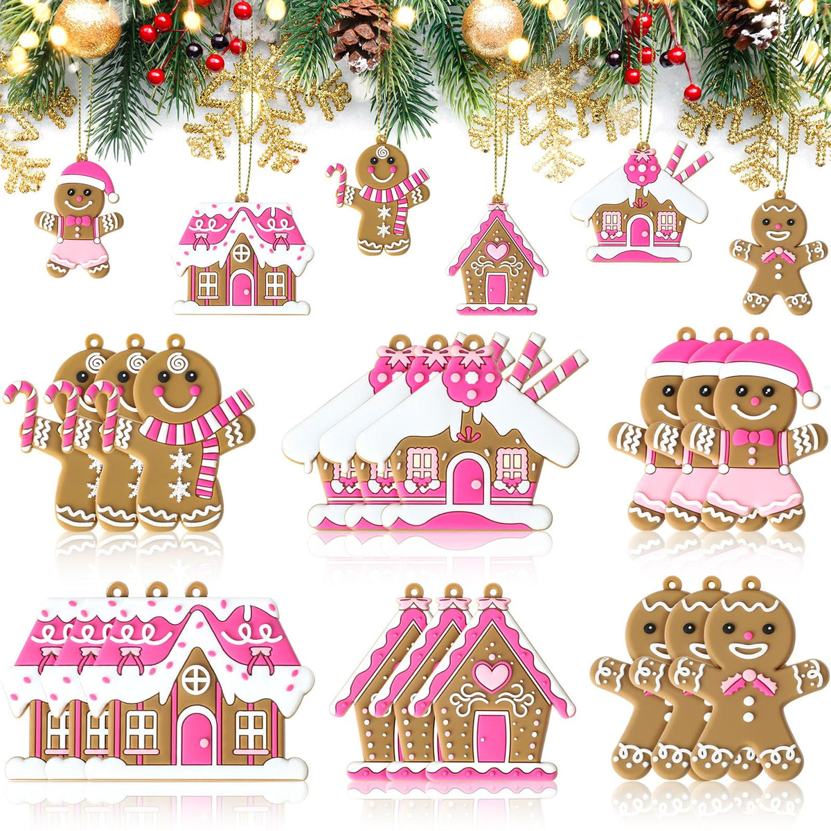 Threehoney 18 Pcs Pink Gingerbread Man Ornaments for Christmas Tree Pink Gingerbread House Candy Cane Pendant Charm Cute Plastic Christmas Decoration Hanging Party Decor for Xmas Winter Party Supplies