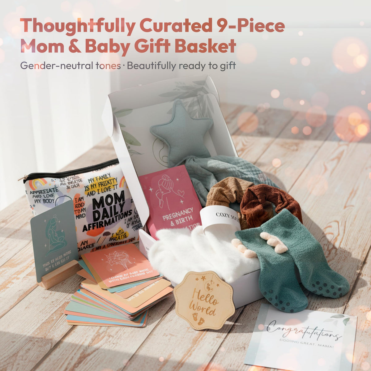 LUCOI New Mom Care Package Gift Set with Daily Affirmation Cards – Postpartum Gifts for Mom After Birth, Pregnancy Gift for First-Time Moms, Baby Shower Gift for Expecting Mom, 9-Piece Set