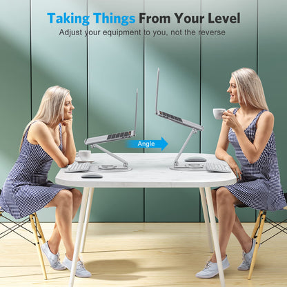 OMOTON Adjustable Laptop Stand with 360 Rotating Base, Ergonomic Laptop Riser for Collaborative Work, Dual Rotary Shaft Fully Foldable for Easy Storage, Fits All Laptops up to 16 inches, Silver
