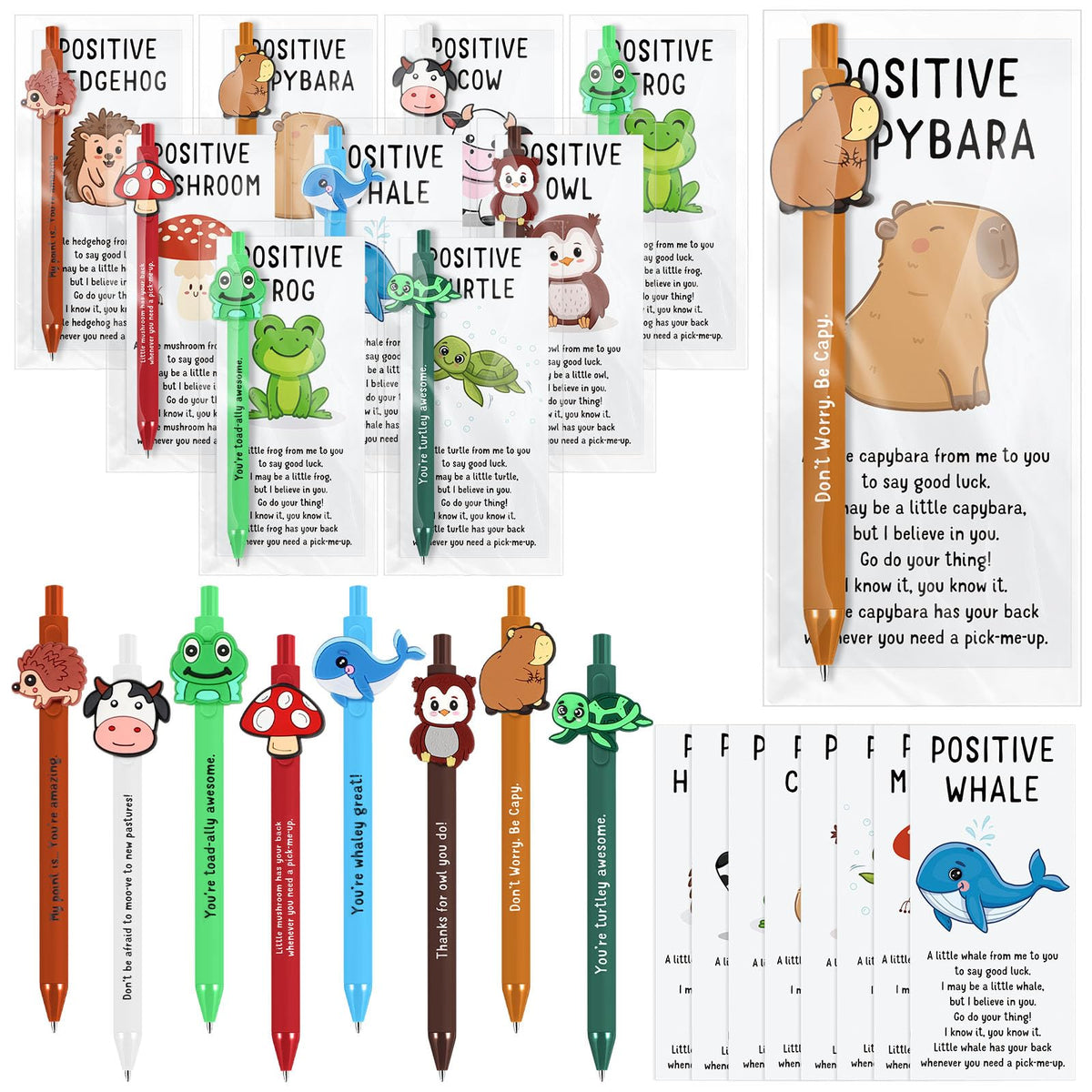 Landical 32 Set Positive Animal Pens Graduation Gift Bulk Cute Funny Pen with Inspirational Card Employee Appreciation Gift for Office Coworker Staff Teacher Student Classroom Teacher Nurse