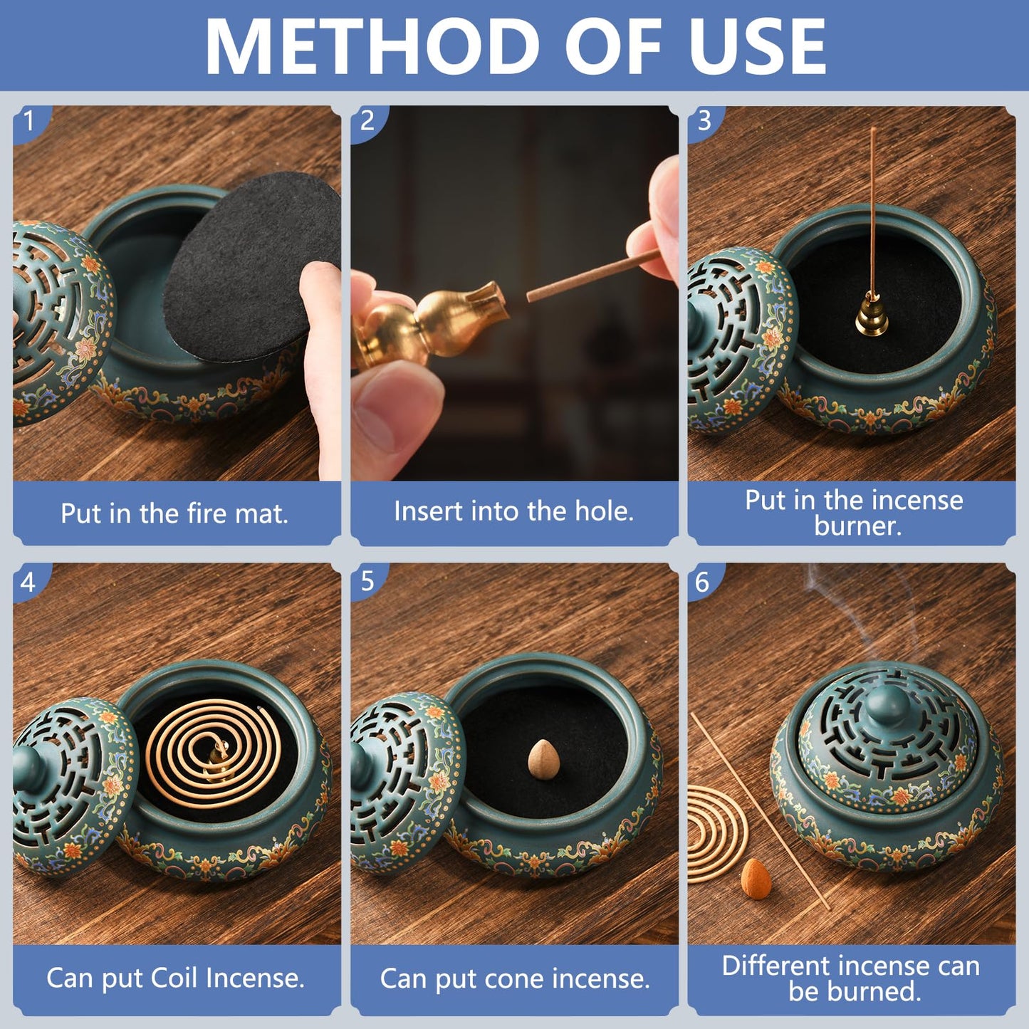 plainele Ceramic Incense Burner with Incense Holder+ Fireproof Cotton,Handmade Smudging Burn Bowl for Stick or Coil Incense,Sage Cones,Frankincense and Mosquito Incense (Enamel)