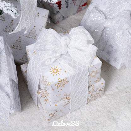 LIZLOVESS White Christmas Ribbon 2.5" Glitter Mesh Wired Ribbon for Christmas Tree White Diamond Honeycomb Ribbon for Gift Wrapping, Crafts, Wreath Supplies, Garland, Tree Topper Bows - 10 Yards