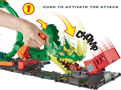 Hot Wheels Track Set with 1:64 Scale Toy Firetruck, City Fire Station with Dragon Nemesis and Track Play, Dragon Drive Firefight, HDP03
