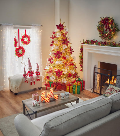 BrylaneHome Set of 3 Pre-Lit 16 inch Christmas Wreaths with 20 Warm Lights & Timer Function, Pre-Decorated, Cordless, No Outlet Required - Poinsettia