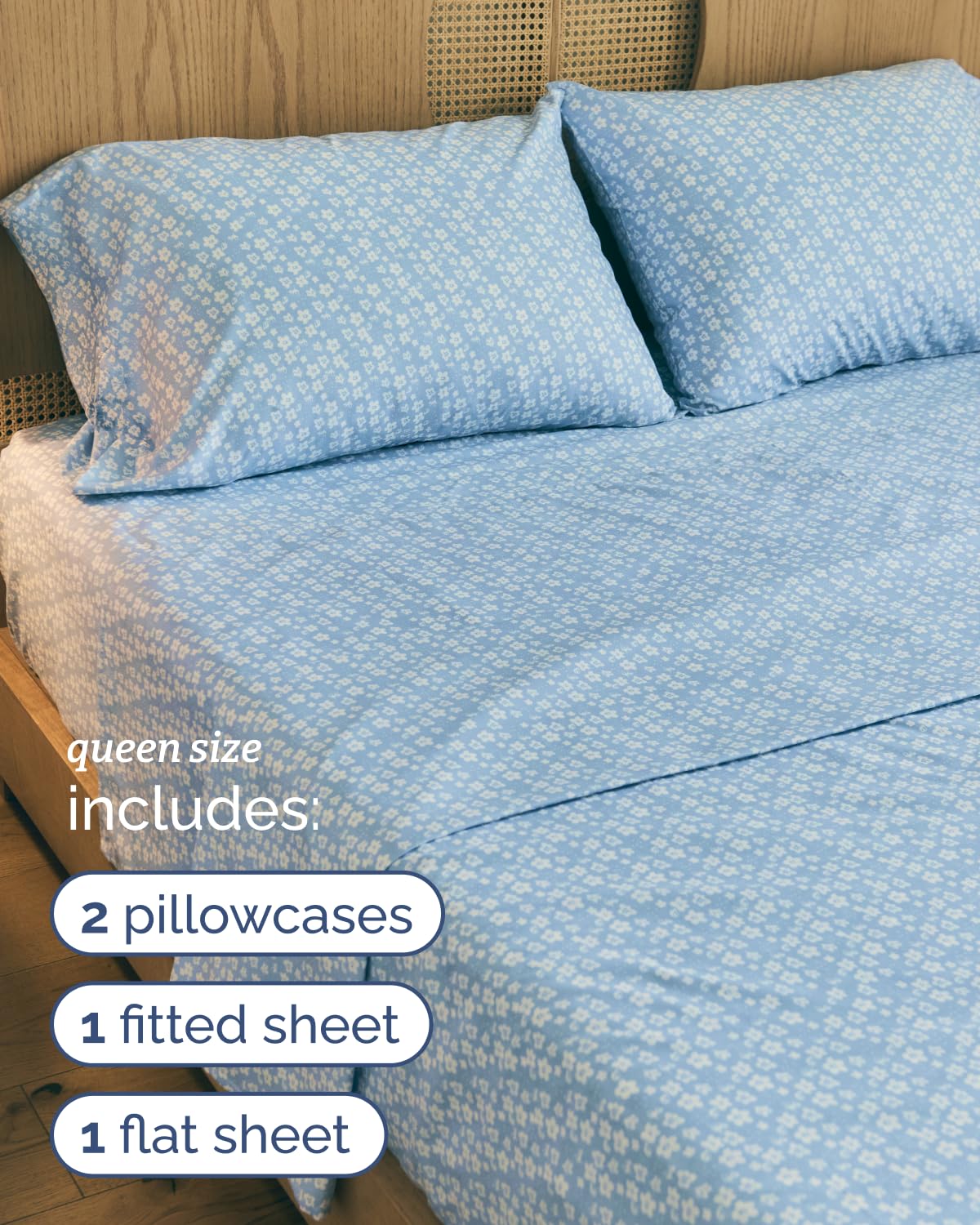 Floral Sheets - Blue Floral Bed Sheet Set - 1 Flat, 1 Fitted & 2 Pillowcases w/ Deep Pockets - Comfy, Wrinkle & Fade Free - Boho Botanical Bedding - Ultra-Soft, Breathable & Cooling - Queen Size Set