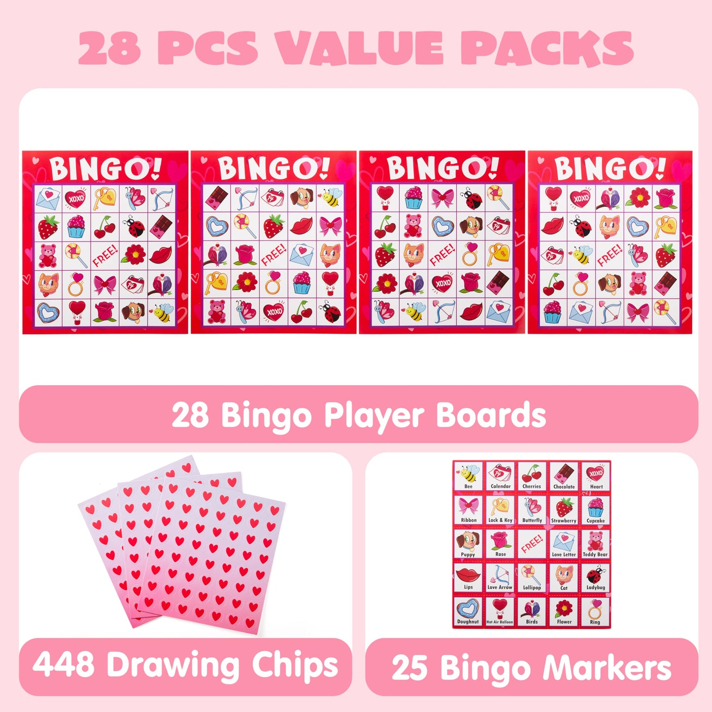 JOYIN 28 Players Valentine's Day Bingo Set, Game Cards for Kids School Classroom Party Supplies, Family Activity