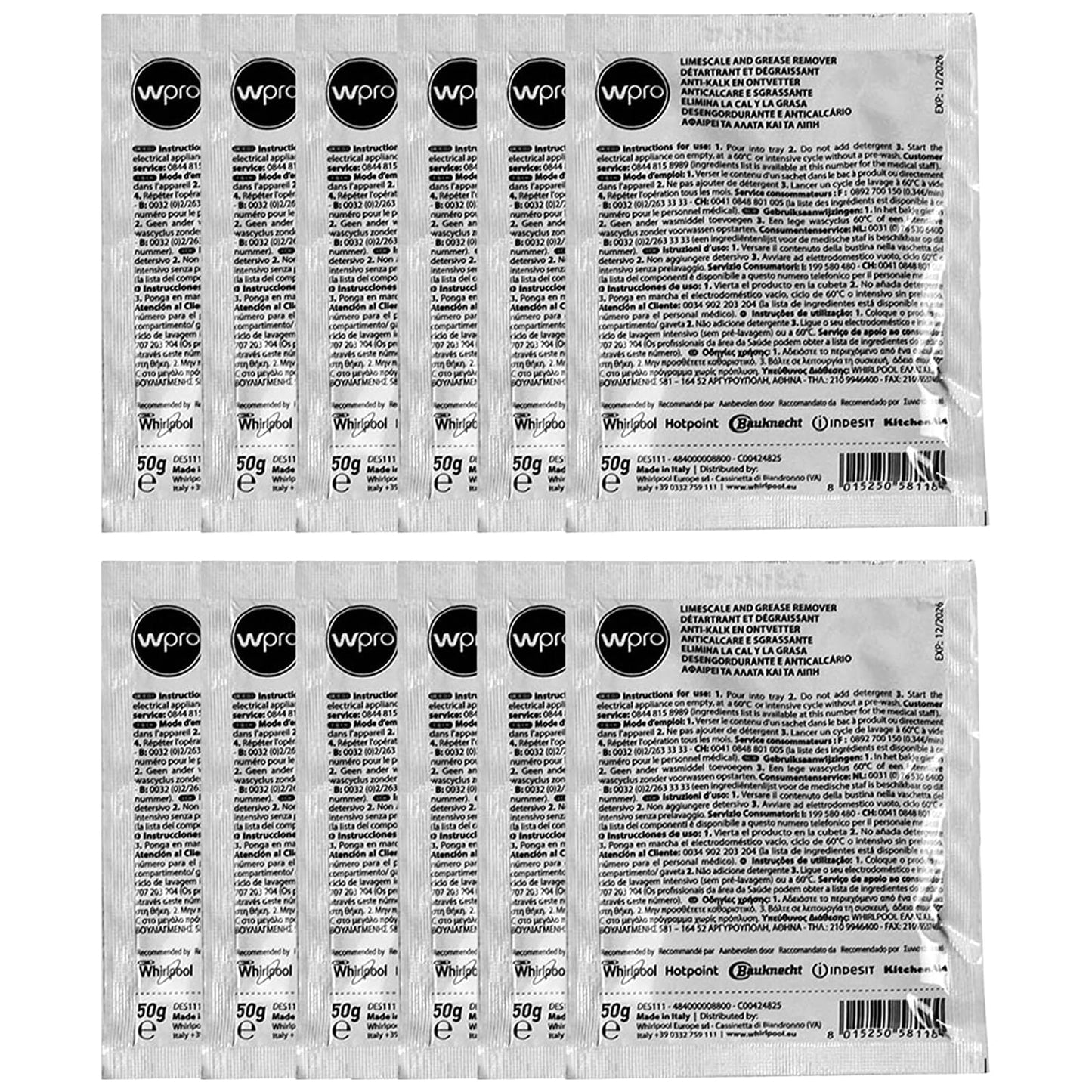 Hotpoint Washing Machine 3in1 Limescale Descaler & Detergent Remover 24 x 50g Sachets (2 Pack)