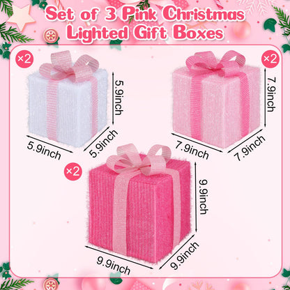 Otoolling 8 Mode 3 Packs Pink Valentines Decorations LED Light Up Valentines Lighted Gift Boxes with Glitter Bow Present Boxes USB Powered for Wedding Christmas Porch Room Decor Indoor Outdoor